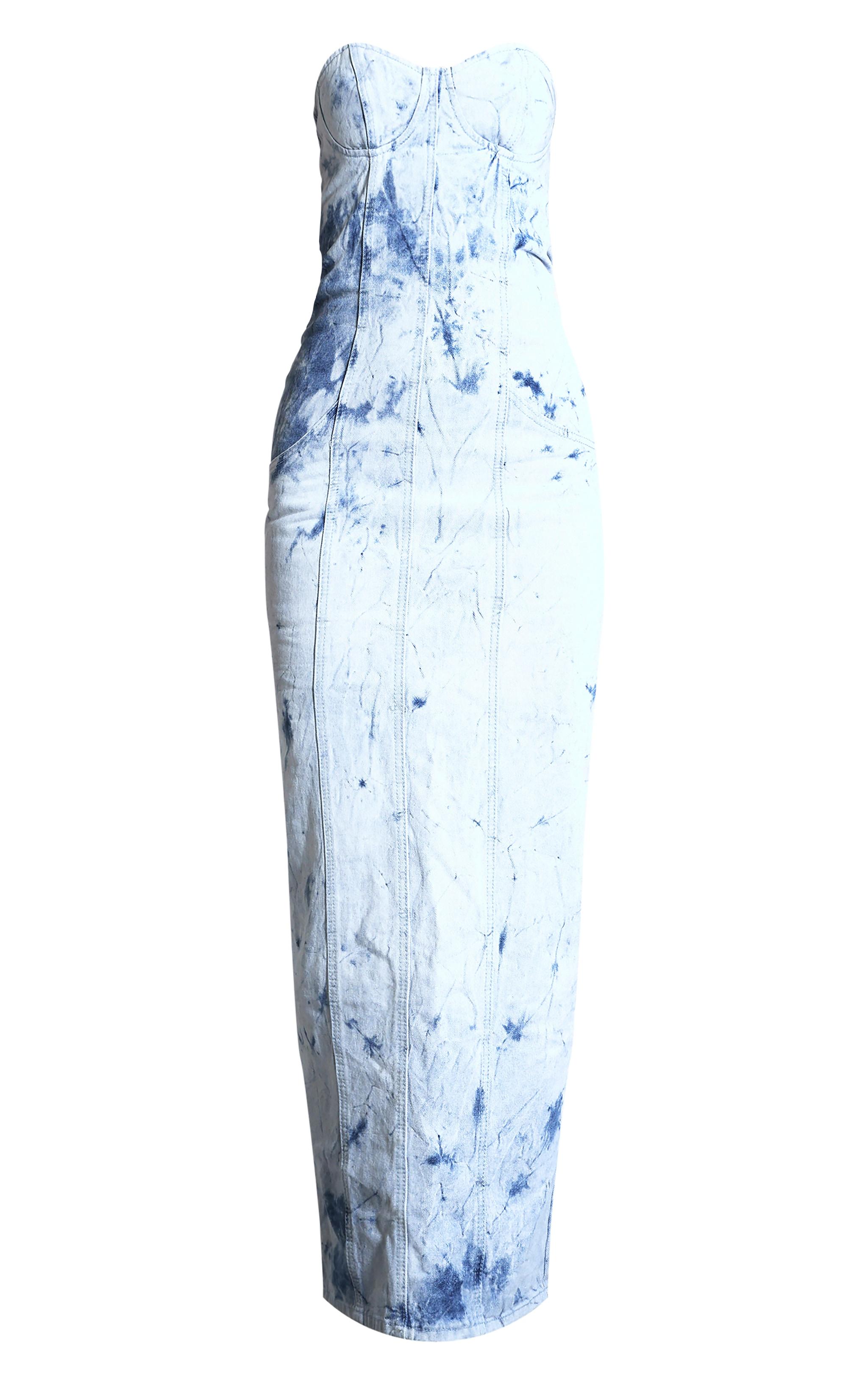 Blue Tie Dye Print Bustier Denim Maxi Dress Product Image