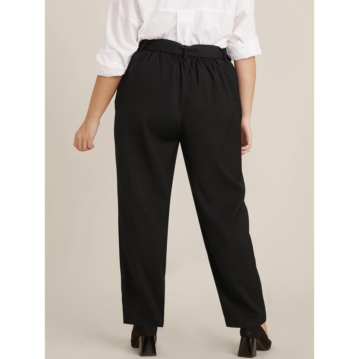 Plus Size Solid Mid Rise Pocket Belted Pants Women Black Office Mid Rise Office Pants BloomChic 10/M Product Image