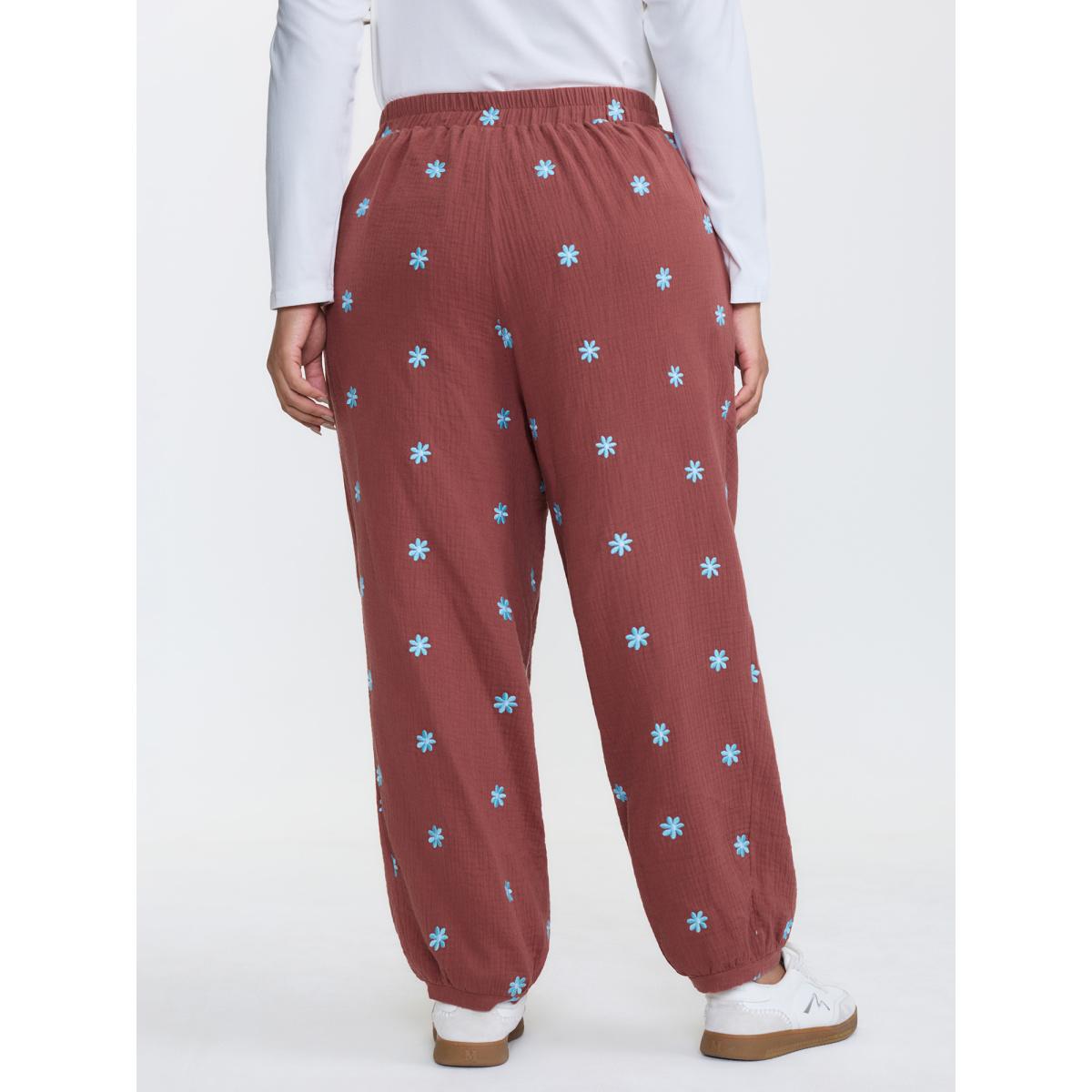Plus Size Supersoft Floral Embroidered Pants Women Rust Playful Jogger Mid Rise Casual Pants BloomChic 26/4X Product Image