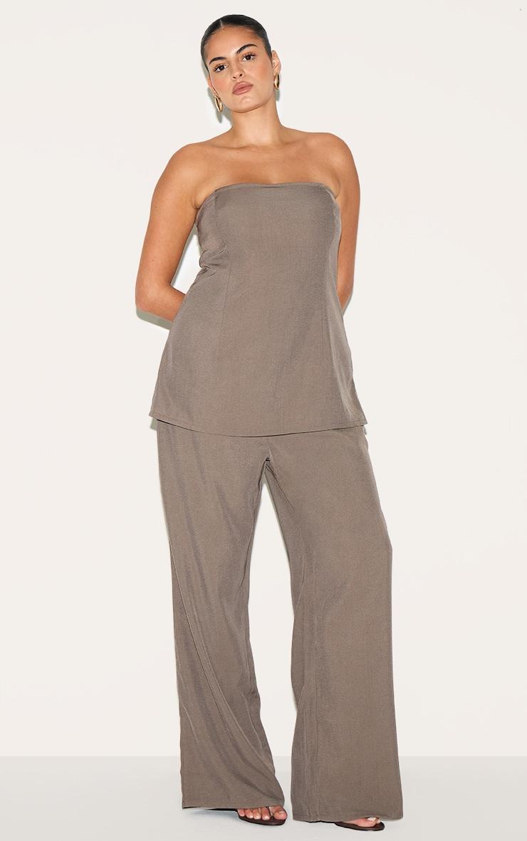 Plus Taupe Woven Tailored Longline Bandeau Flared Jumpsuit Product Image