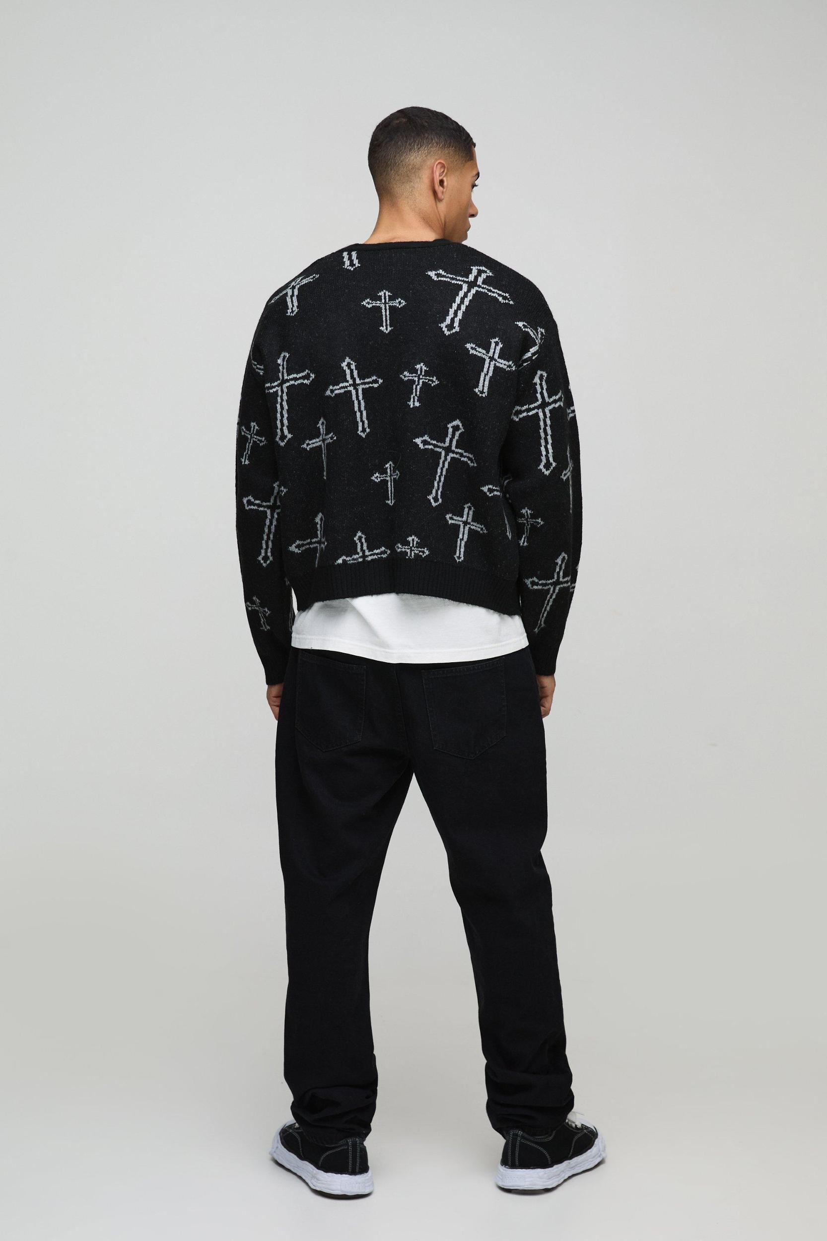 Oversized Boxy Cross Graphic Brushed Knitted Cardigan | boohooMAN USA Product Image