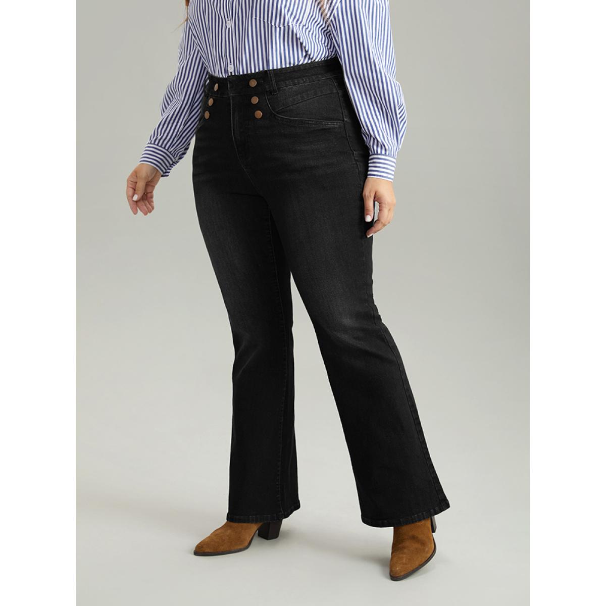 Plus Size Flare Leg Button Detail High Rise Jeans Women Black Casual Plain Non High stretch Slanted pocket Jeans BloomChic 18/2X Product Image