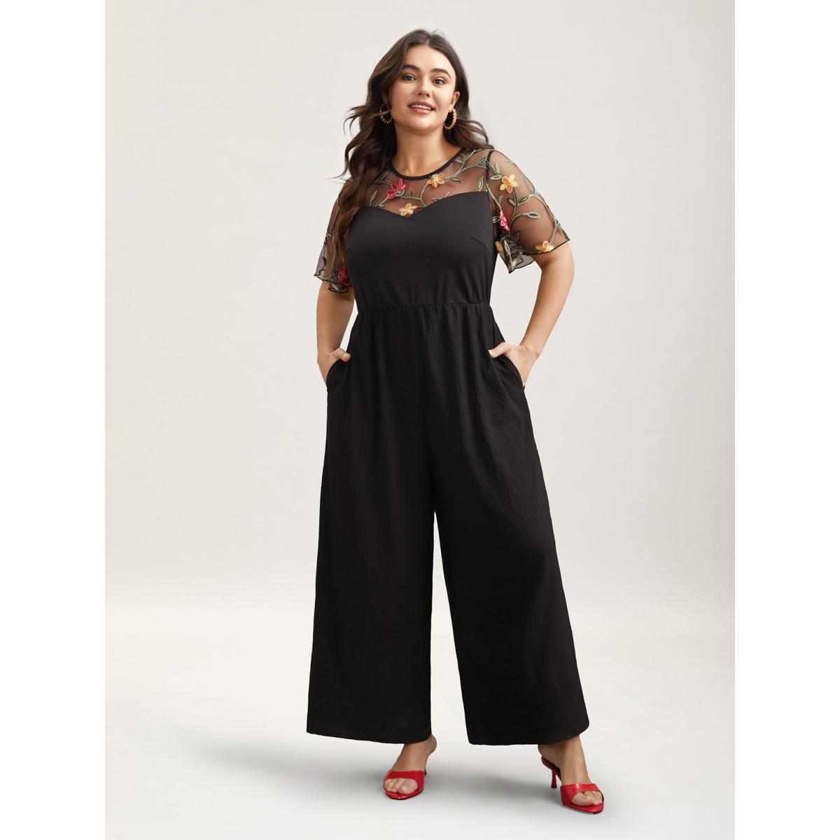 Plus Size Black Floral Mesh Embroidered Flared Jumpsuit Women Elegant Short sleeve Round Neck Everyday-Elegant Loose Jumpsuits BloomChic 10/M Product Image