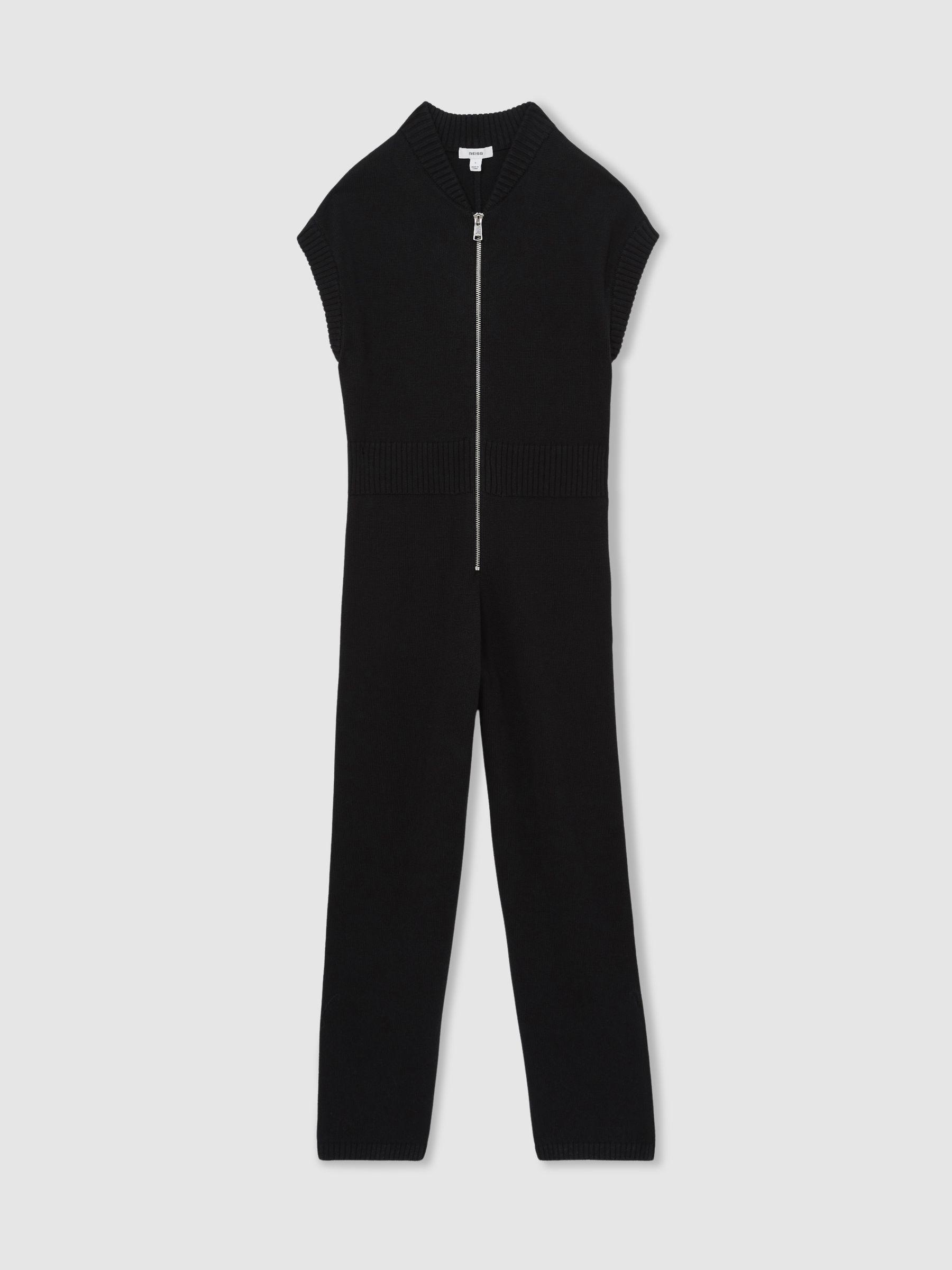 Cotton Knit Zip-Front Jumpsuit in Black Product Image