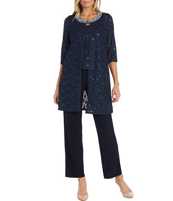 R & M Richards 3/4 Sleeve Sequin And Pearl Embellished Crew Neck Lace 3-Piece Pant Set Product Image