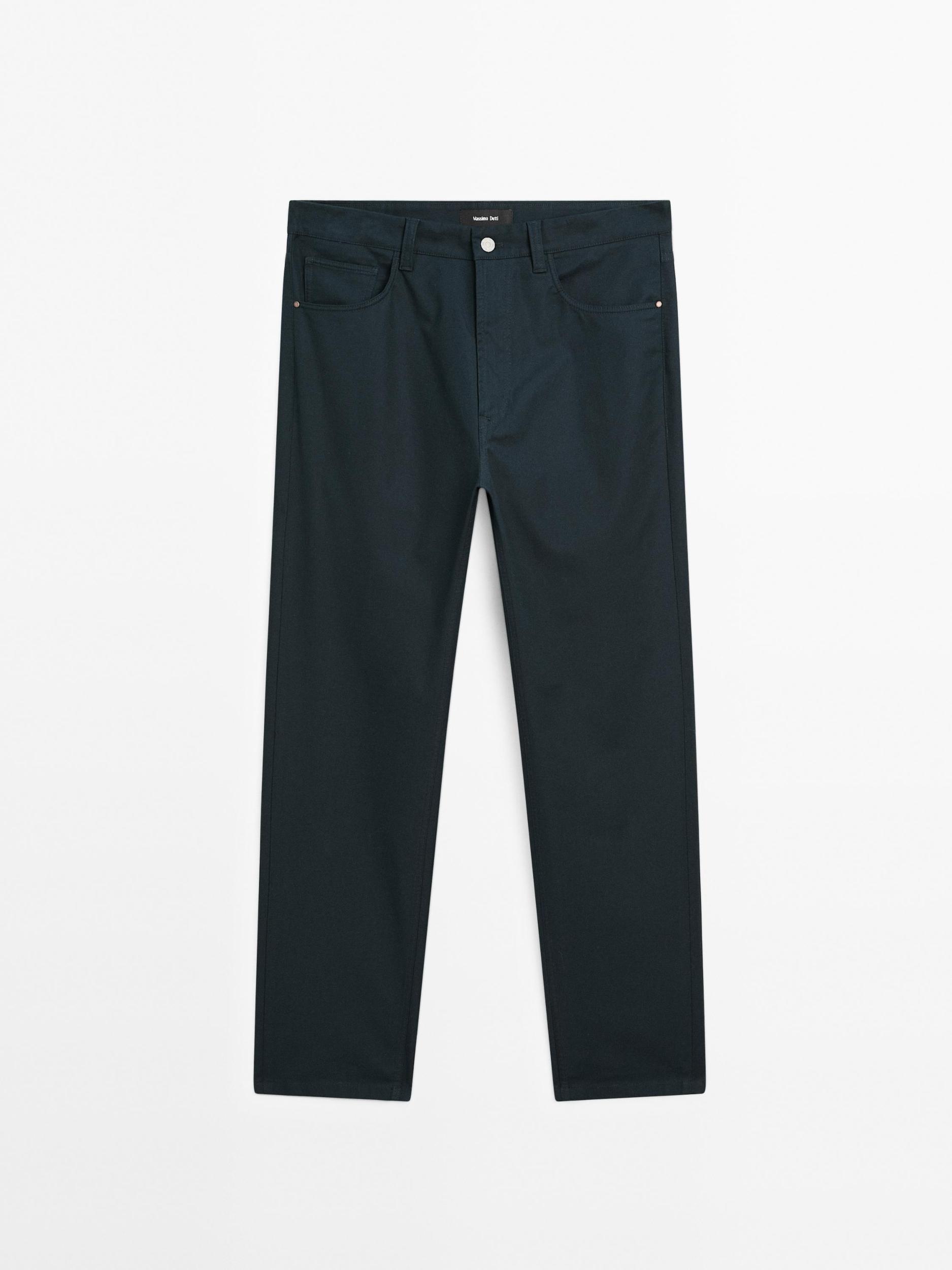 Lightweight tapered fit denim-effect trousers Product Image