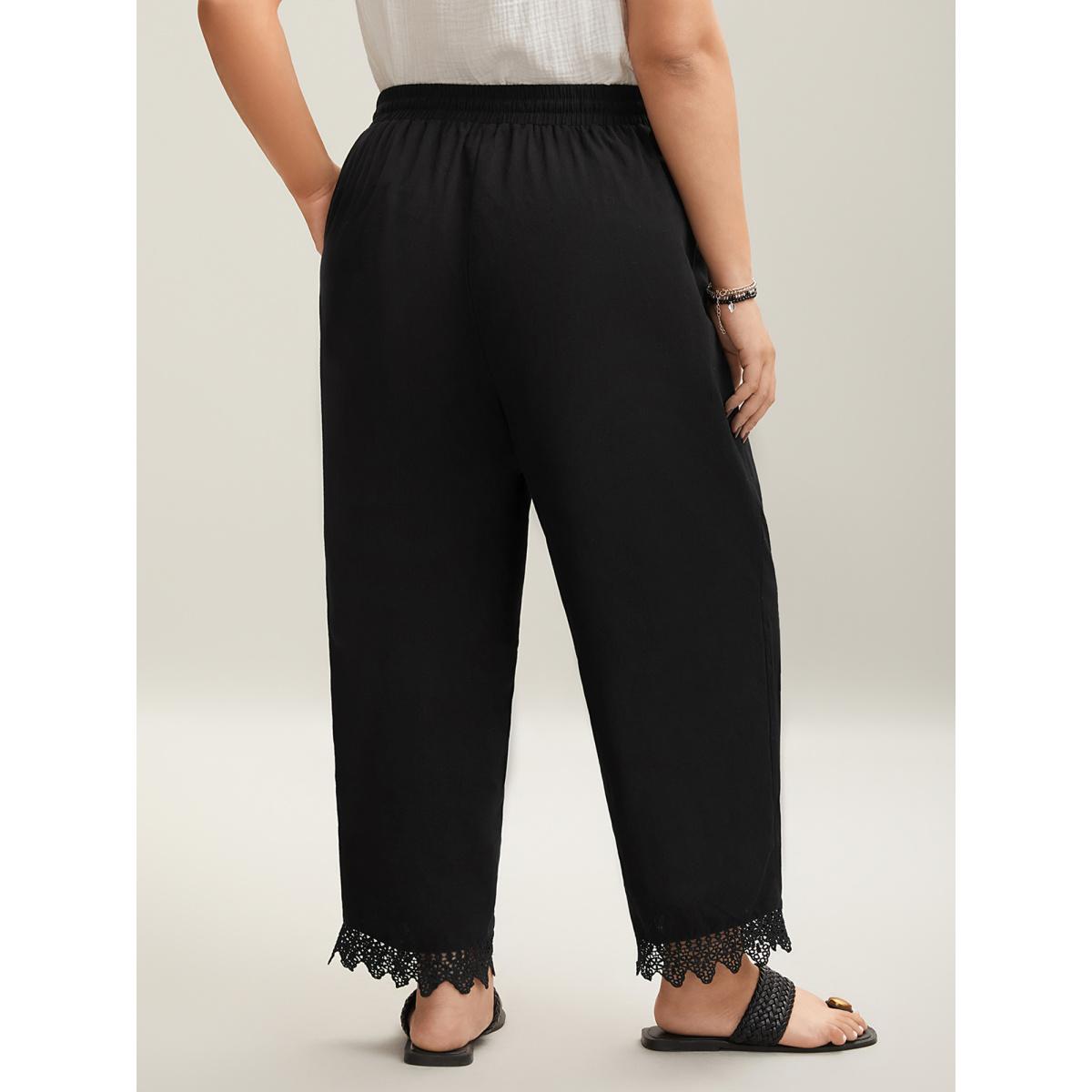 Plus Size Drawstring Scalloped Lace Hem Pants Women Black Leisure Straight Leg Mid Rise Casual Pants BloomChic 12/L Product Image