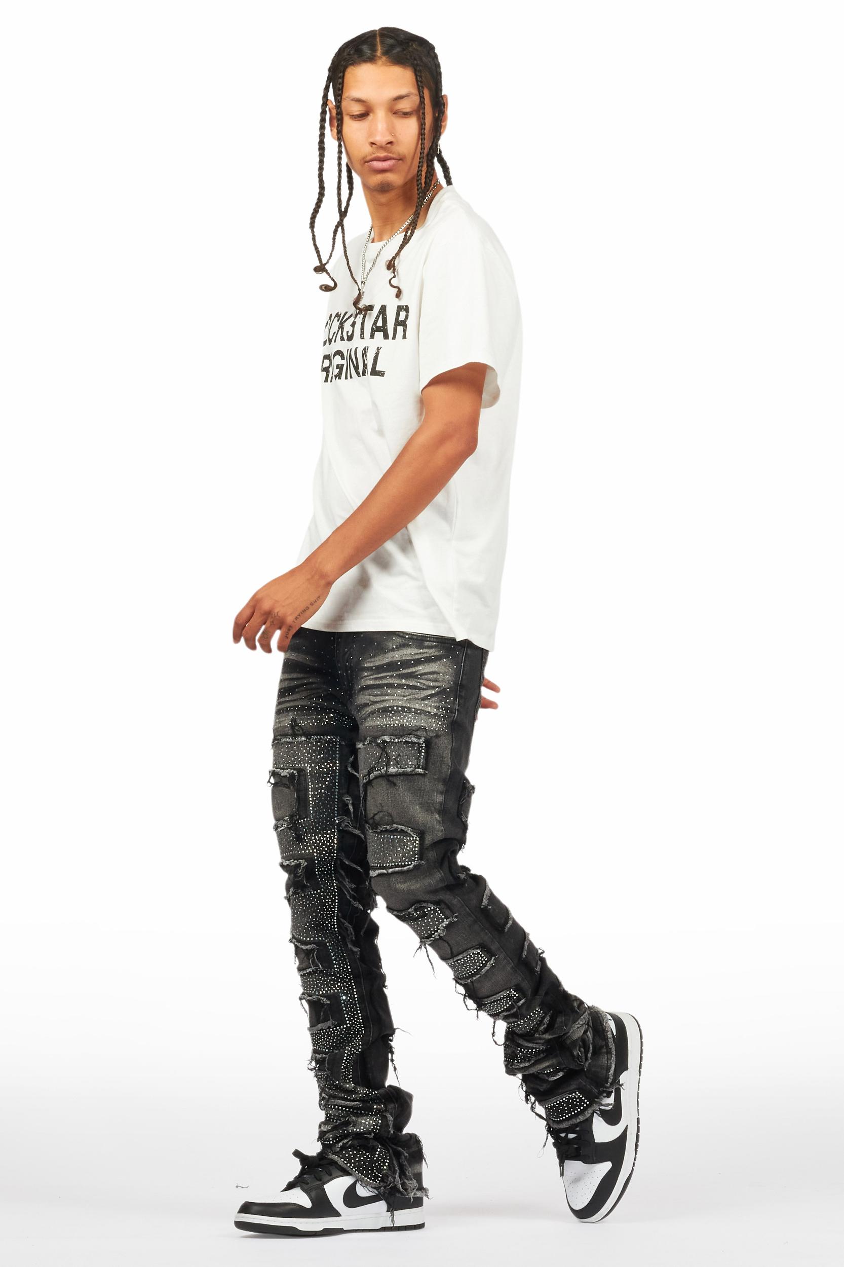 Shake Dark Grey Rhinestone Stacked Flare Jean Male Product Image