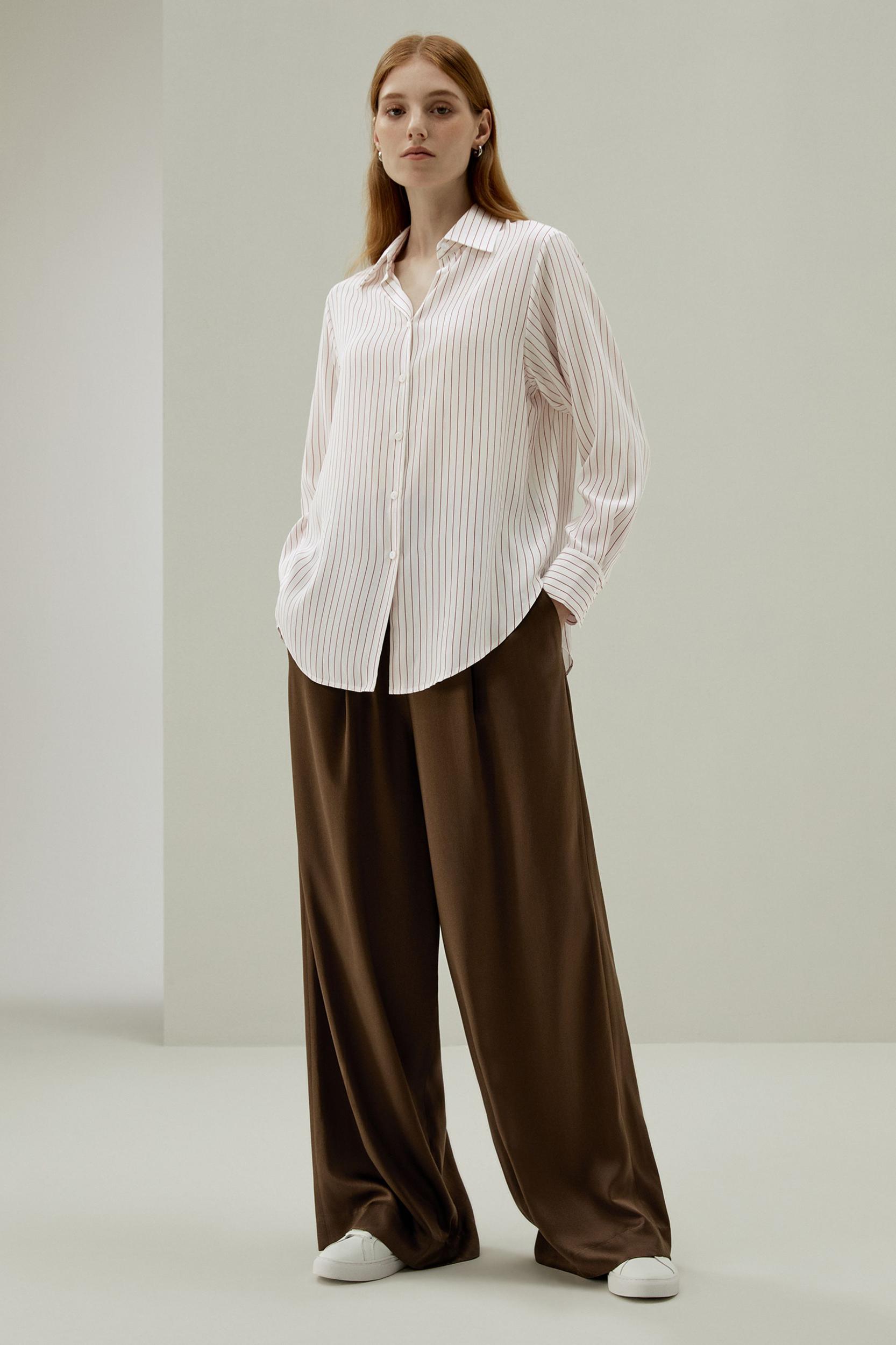 LILYSILK Women's Silk Charmeuse Oversized SOS Shirt, Brown Pinstripe, XXL Product Image