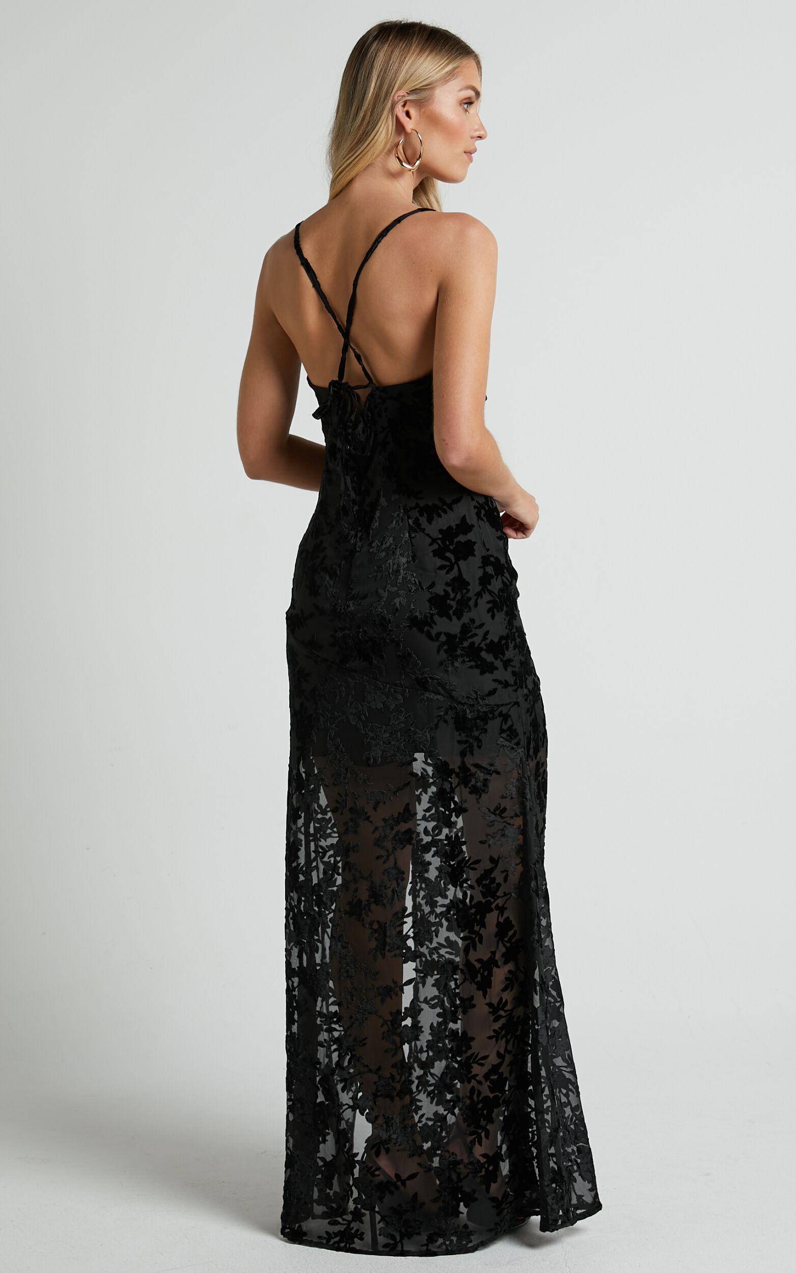 Aletta Maxi Dress - Cowl Cross Back Dress in Ebony Burn Out Floral Product Image