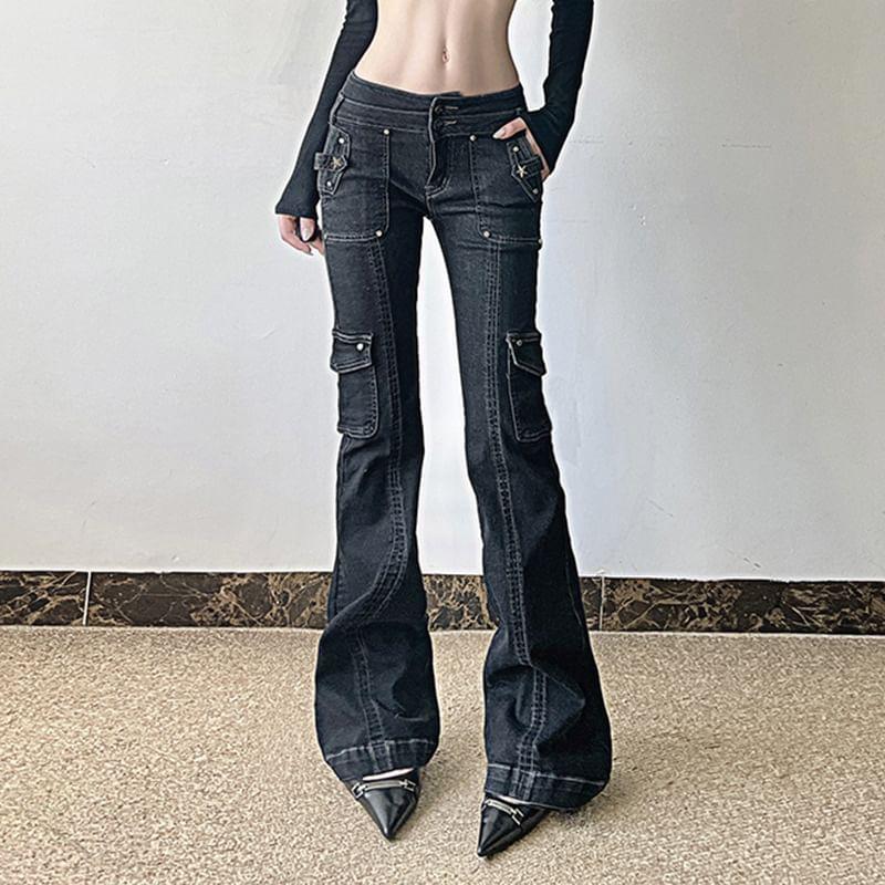 Low Waist Pocket Slim-Fit Boot-Cut Cargo Jeans Product Image