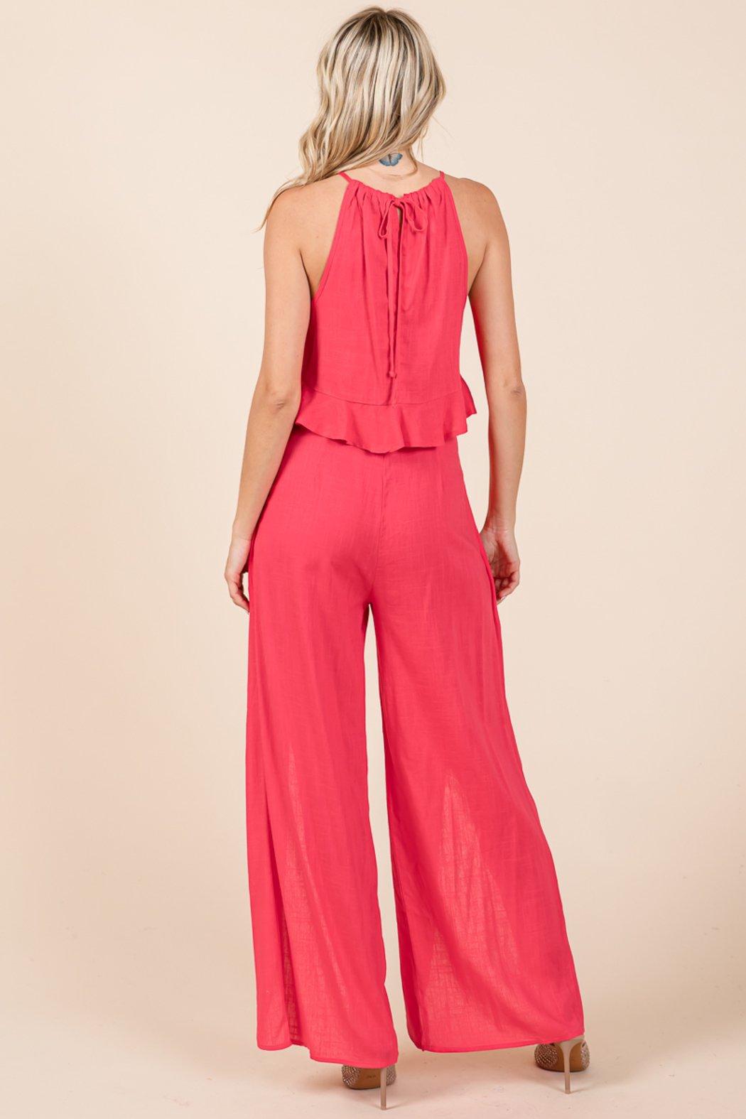 Linen Crop Top And Wide Slit Pants Two Piece Sets Product Image