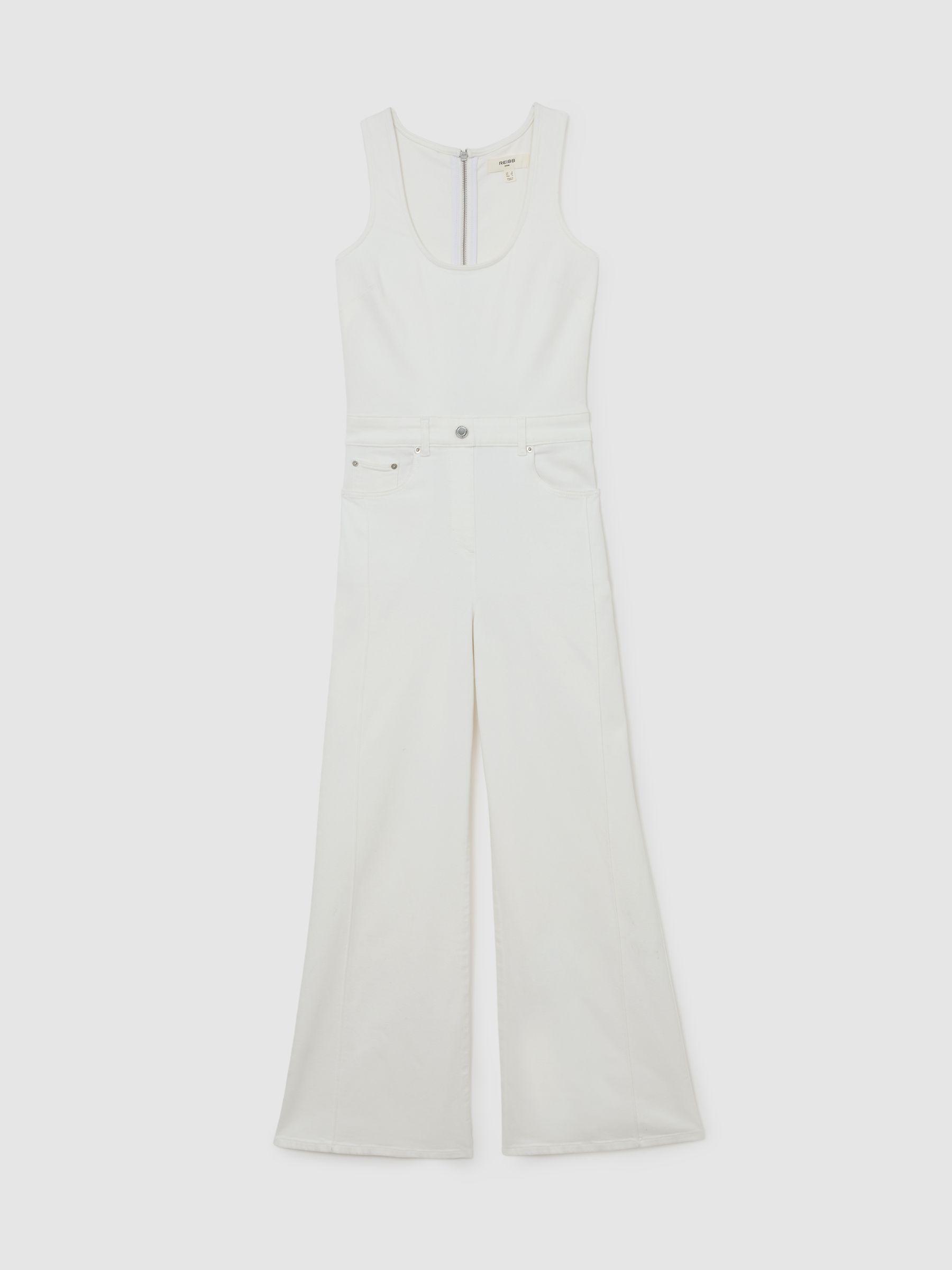 Petite Wide-Leg Racer-Back Denim Jumpsuit in Cream Product Image