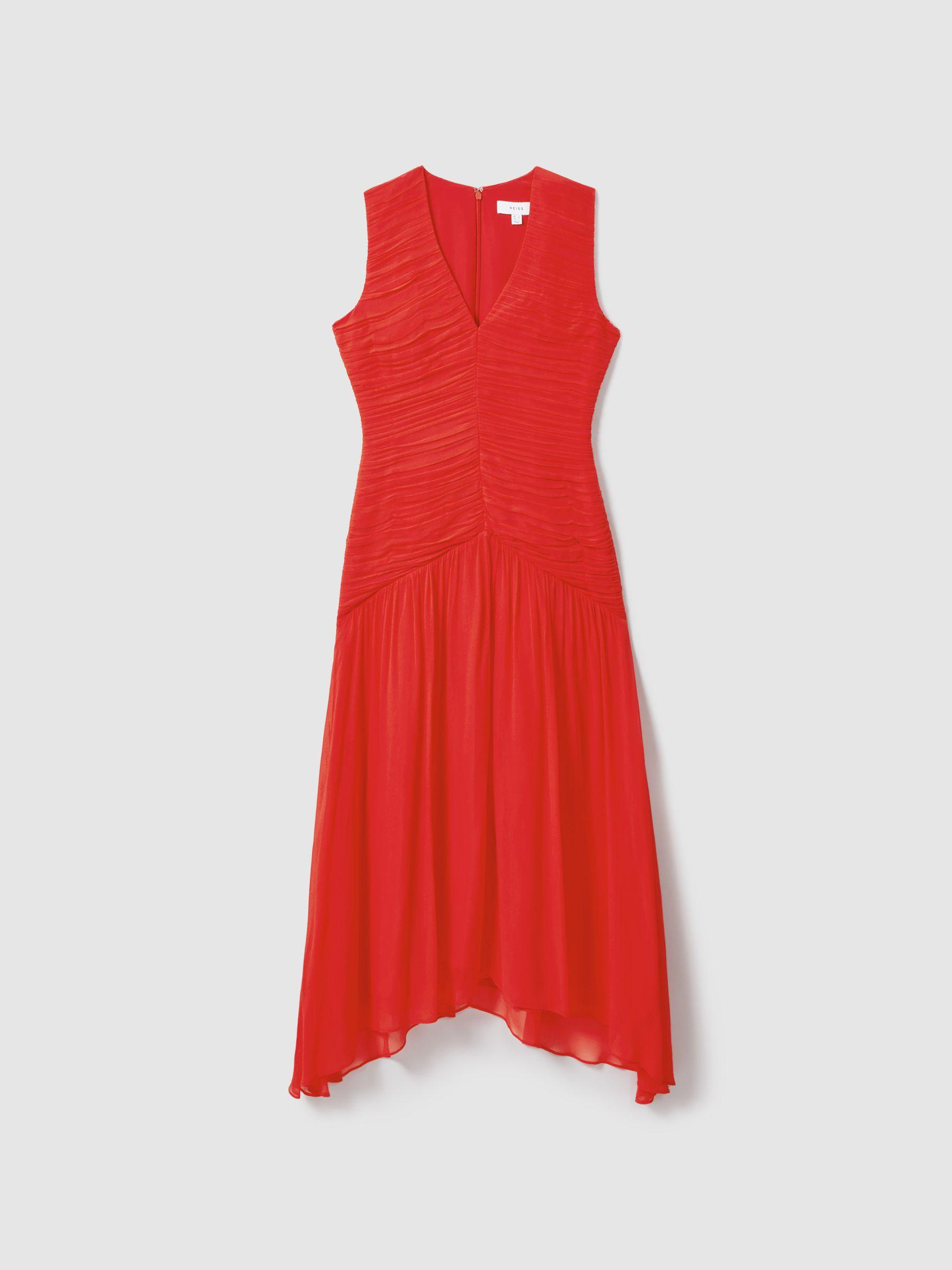 Ruched Bodycon Midi Dress in Coral Product Image