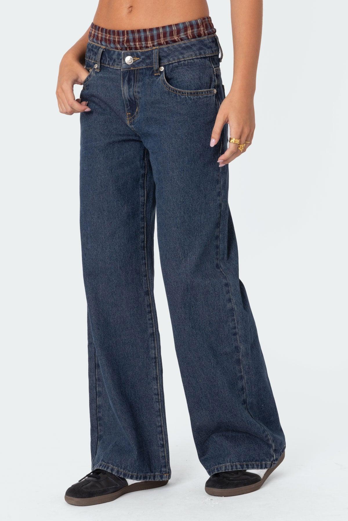 Plaid Boxer Detail Low Rise Baggy Jeans Product Image