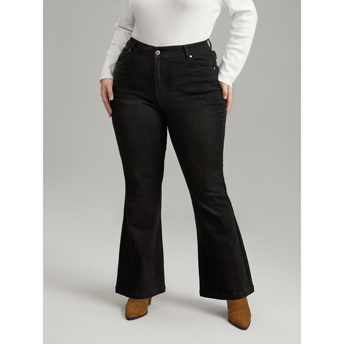 Plus Size Flare Leg High Rise Full Length Jeans Women Black Casual Plain Plain High stretch Pocket Jeans BloomChic 26/4X Product Image