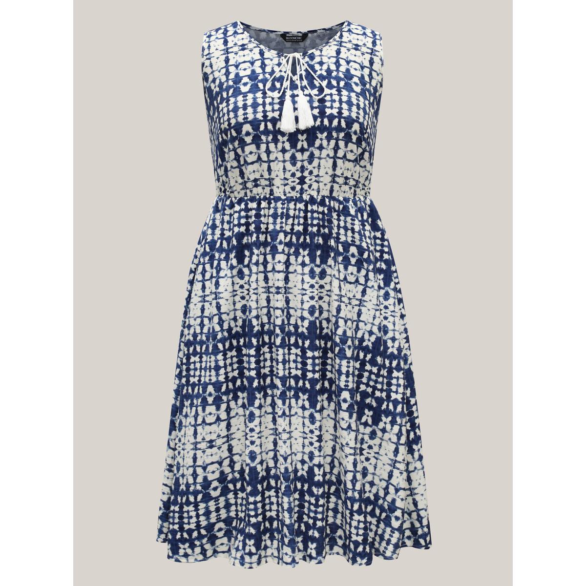 Plus Size Tie-Dye Print Neck Tie Midi Dress DarkBlue Women Round Neck Sleeveless Curvy BloomChic 30/6X Product Image