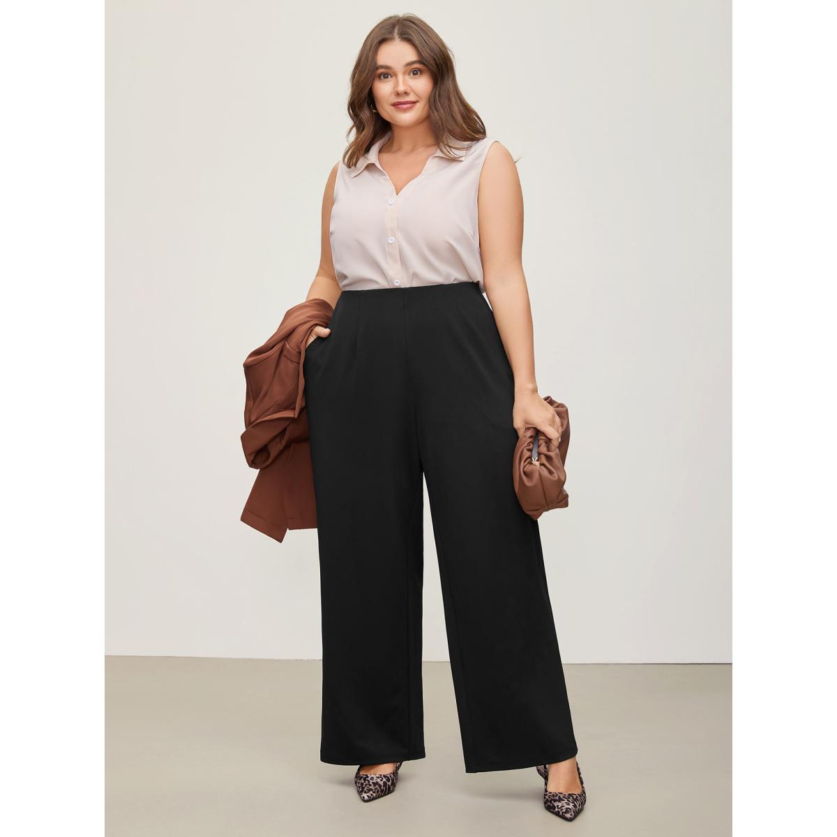 Plus Size Solid Elastic Waist Pleated Wide Leg Pants Women Black Office Wide Leg Mid Rise Office Pants BloomChic 10/M Product Image