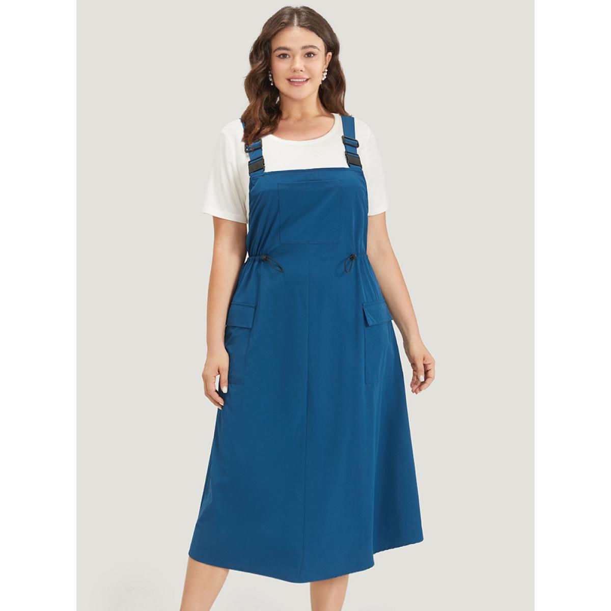 Plus Size Solid Drawstring Flap Pocket Overall Cami Dress Aegean Women Casual Adjustable Straps Spaghetti Strap Sleeveless Curvy Midi Dress BloomChic 10/M Product Image