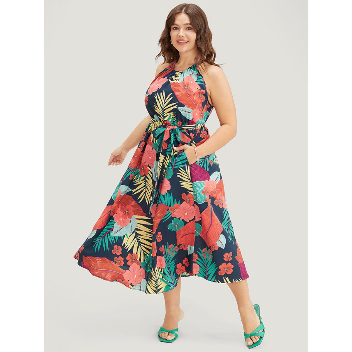 Plus Size Tropical Print Ruffle Hem Pocket Belt Knotted Halter Dress DarkBlue Women Vacation Cross straps Halter neck Sleeveless Curvy Midi Dress BloomChic 18-20/2X Product Image