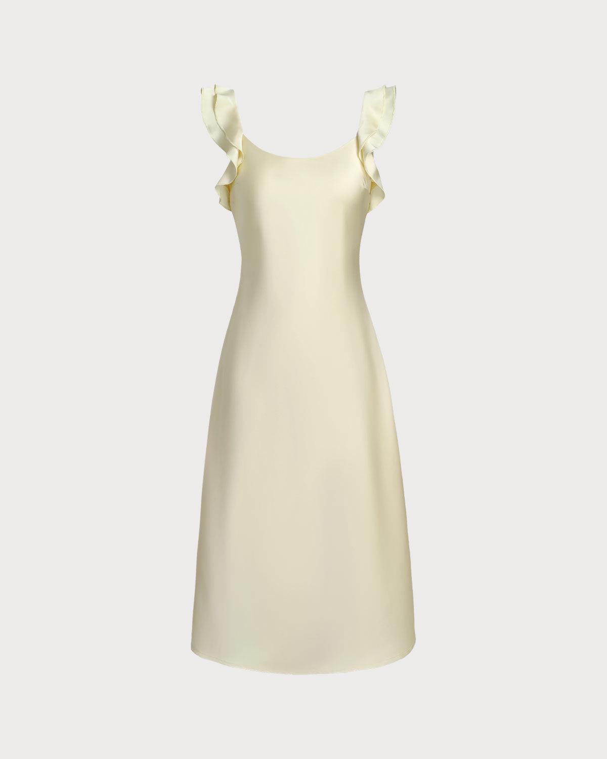 Yellow Square Neck Ruffle Satin Midi Dress Product Image