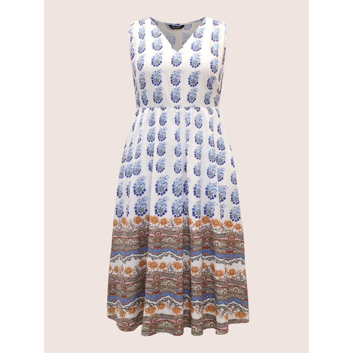 Plus Size Bandana Print Elastic Waist Gathered Sleeveless Dress Originalwhite Women Resort V-neck Sleeveless Curvy BloomChic 14-16/1X Product Image