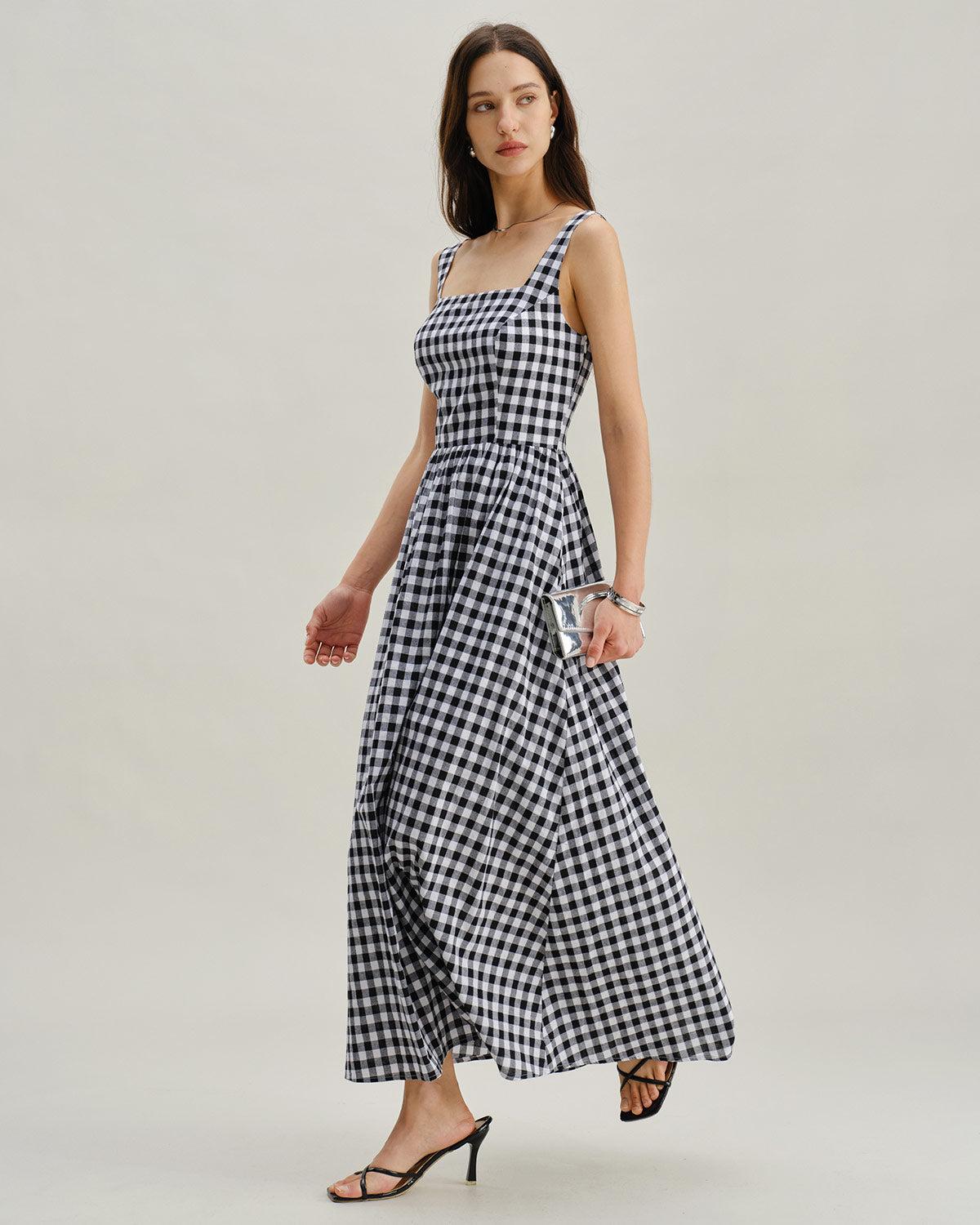 Black Plaid Square Neck Pocket Slip Maxi Dress Product Image