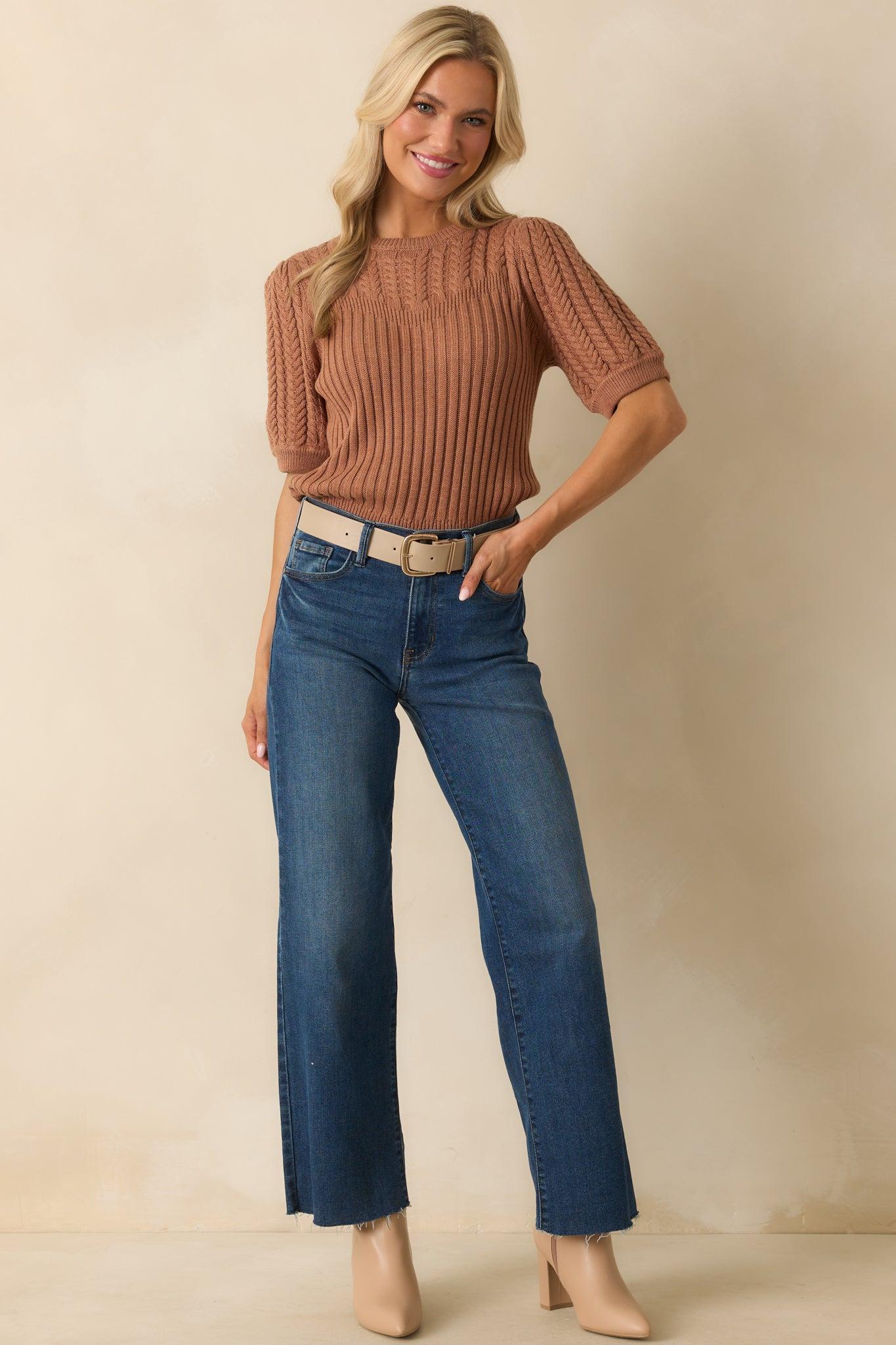 Don’t Doubt It Clay Brown Cable Knit Short Sleeve Ribbed Sweater Product Image