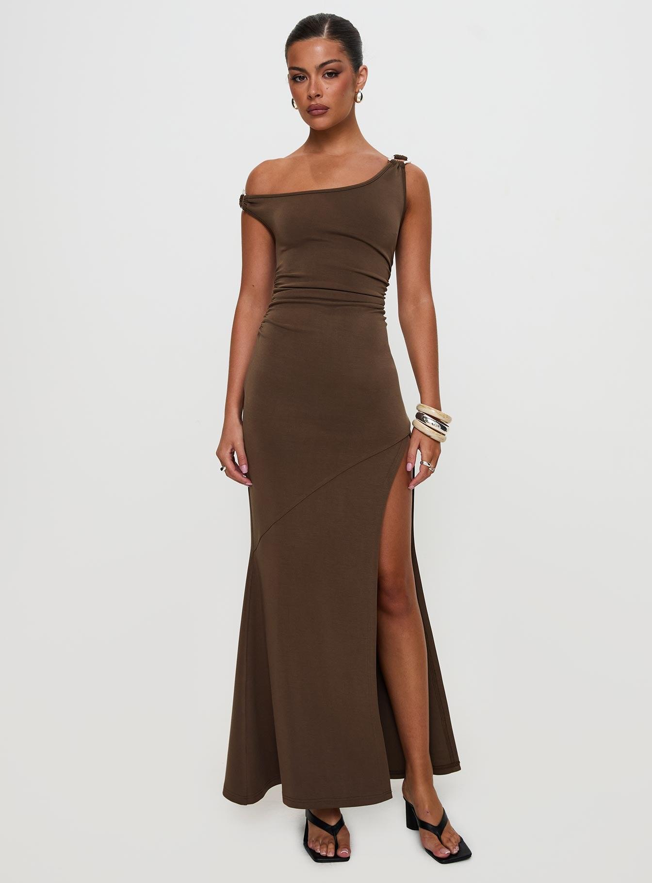 Rios One Shoulder Maxi Dress Brown Product Image