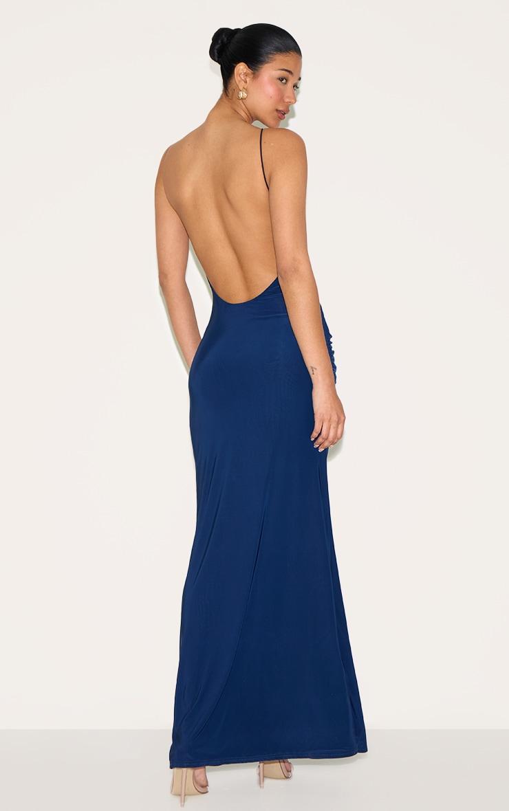 Navy Double Layer Slinky Twited Front Halter Neck Maxi Dress Product Image