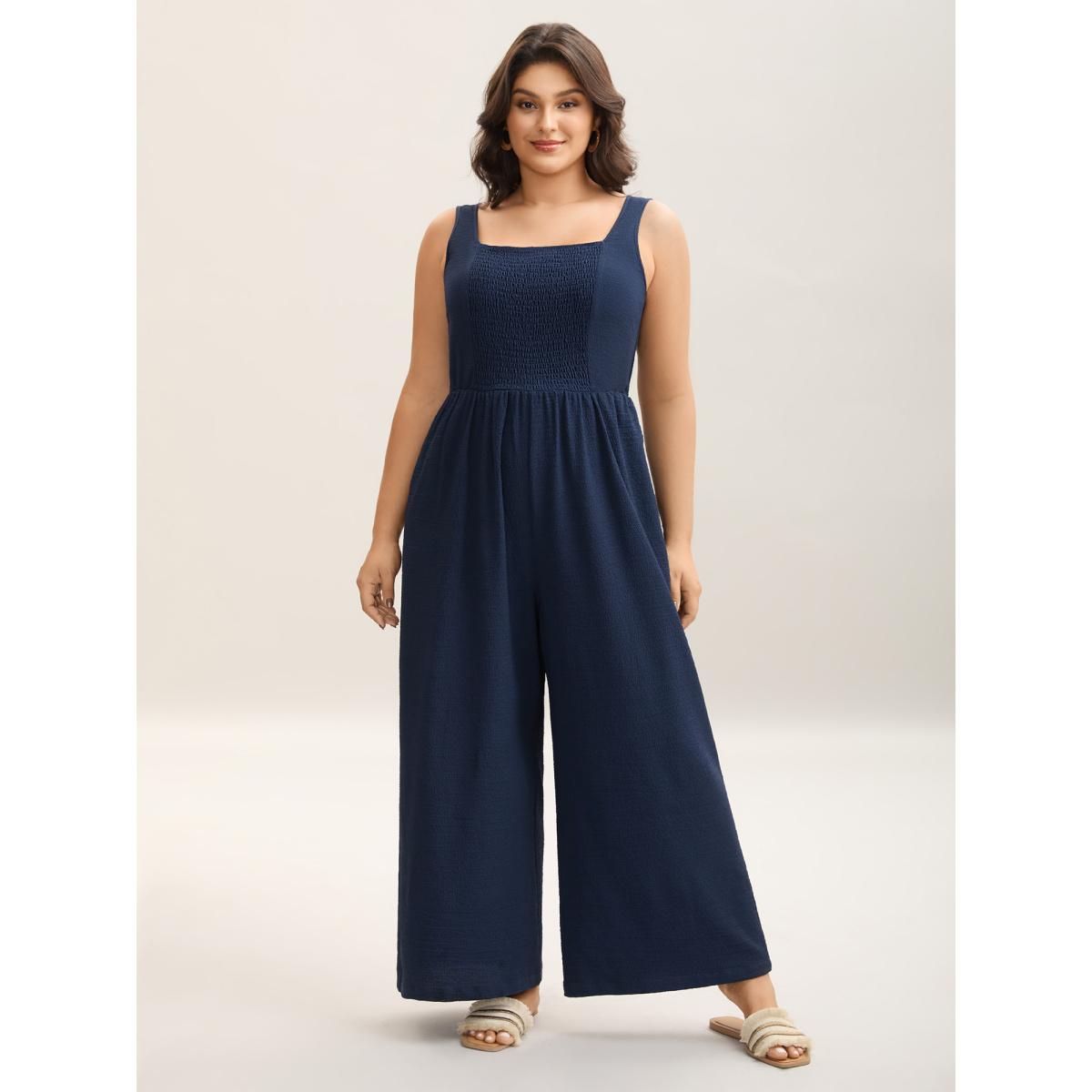 Plus Size Midnight Shirred Pockets Wide-Leg Plain Jumpsuit Women Leisure Sleeveless Non Vacation Loose Jumpsuits BloomChic 22-24/3X Product Image