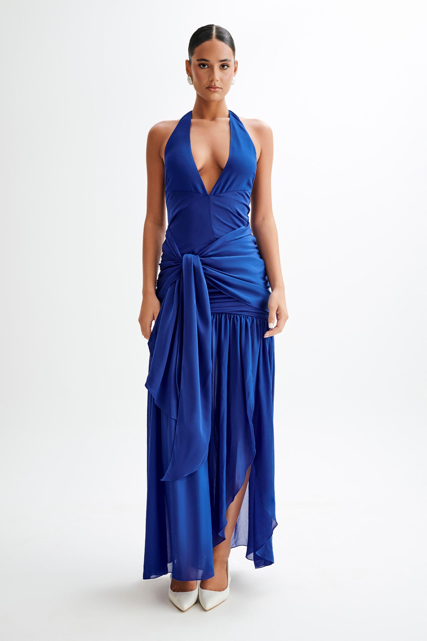 Graziana Satin Chiffon Plunge Maxi Dress - Cobalt Blue Product Image
