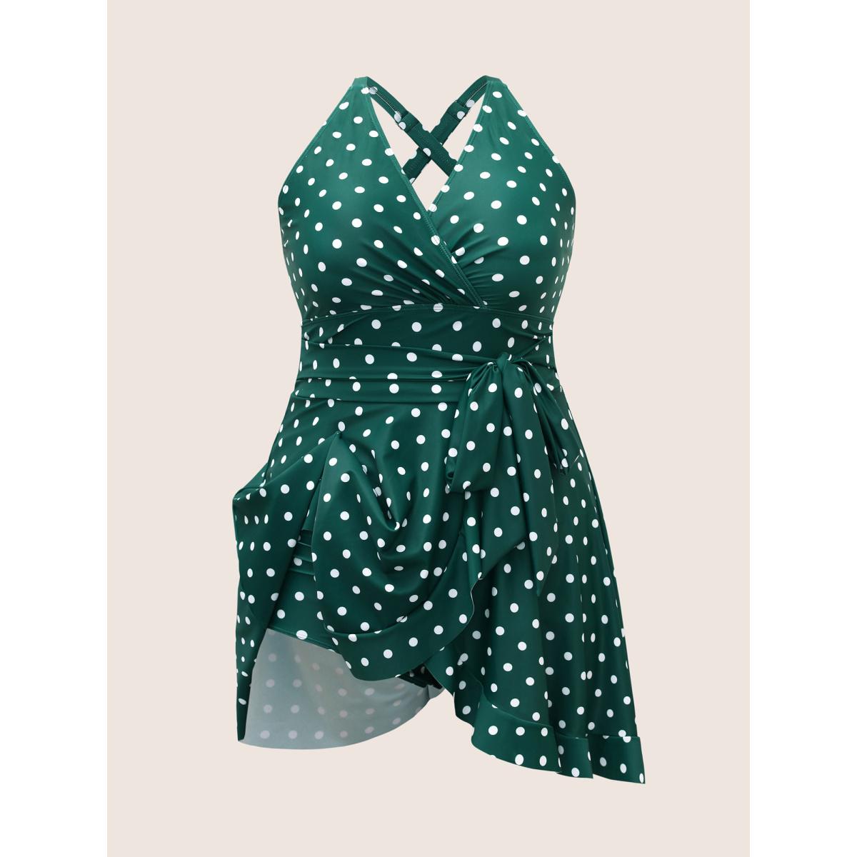 Plus Size Overlap Collar Polka Dot Tie Knot Ruffles Swim Dress Women's Swimwear DarkGreen Beach Bodycon Overlap Collar High stretch Curve Swim Dresses BloomChic 10/M Product Image