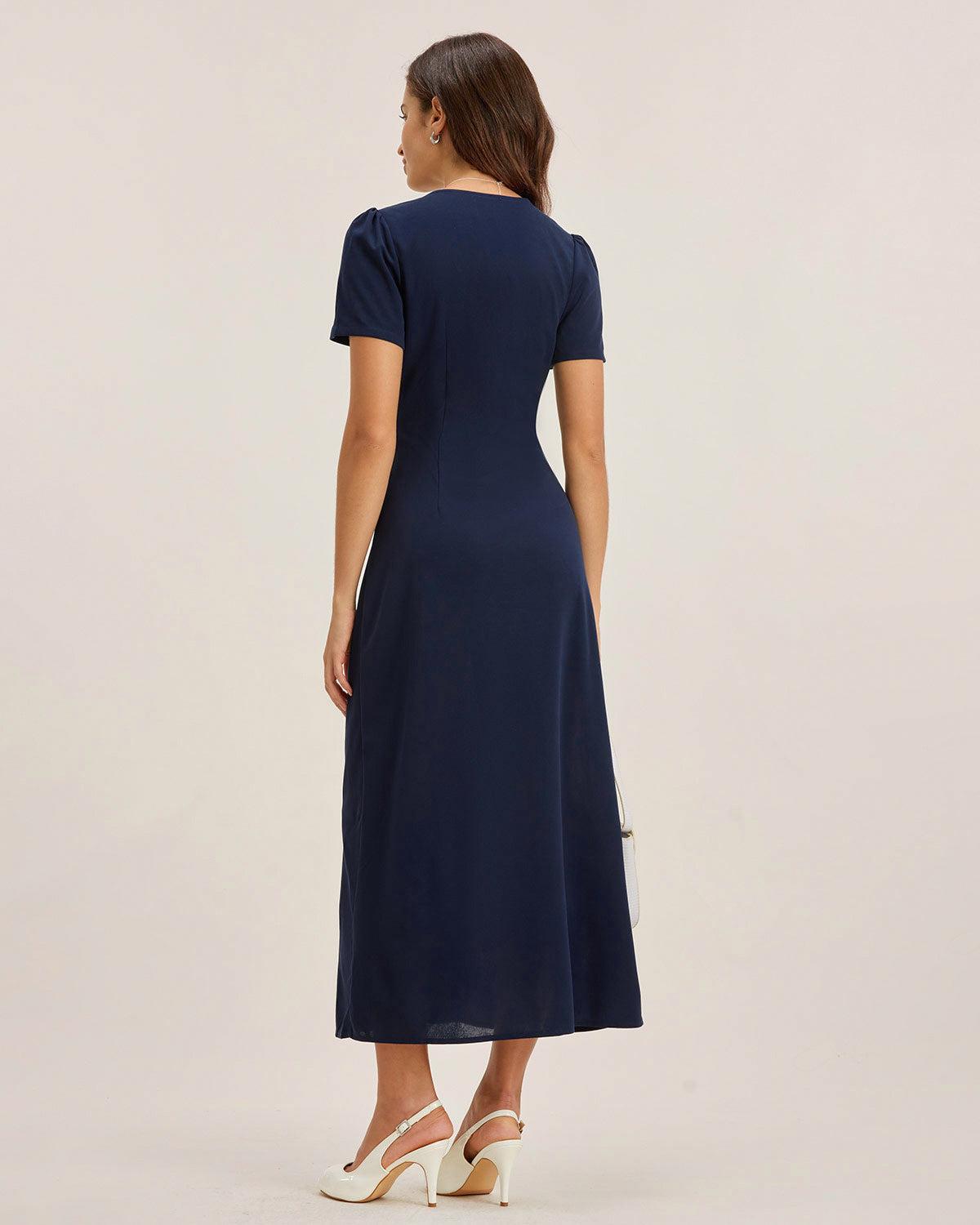 Blue V Neck Button Pleated Midi Dress Product Image
