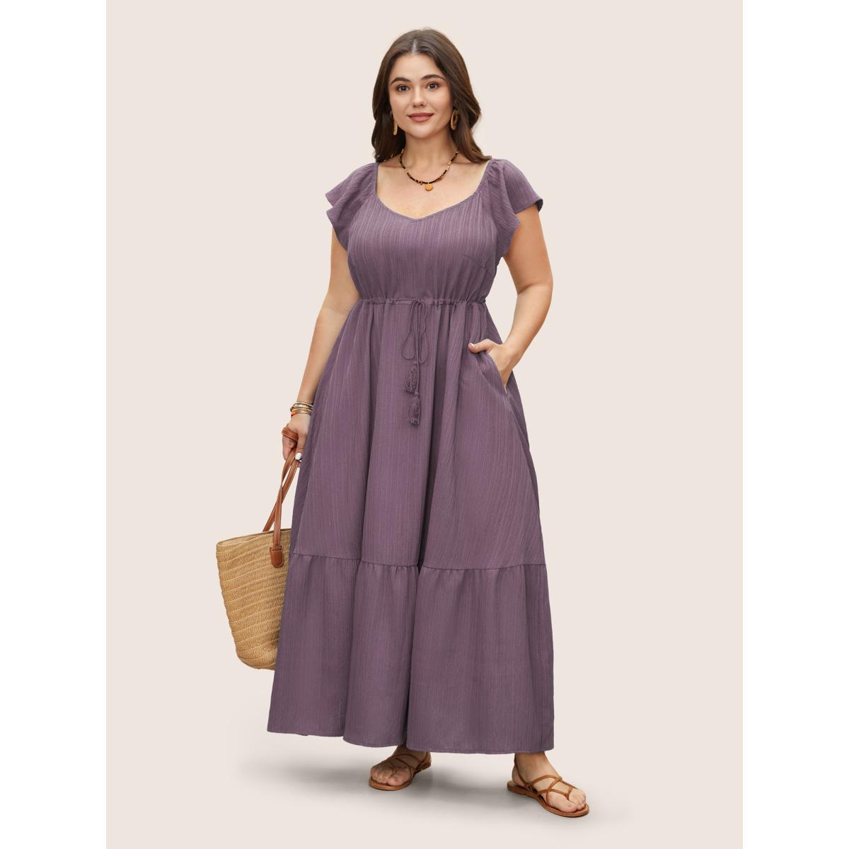 Plus Size Texture Drawstring Tie Knot Tassels Dress Mauve Women Resort Tie knot V-neck Cap Sleeve Curvy BloomChic 28/5X Product Image