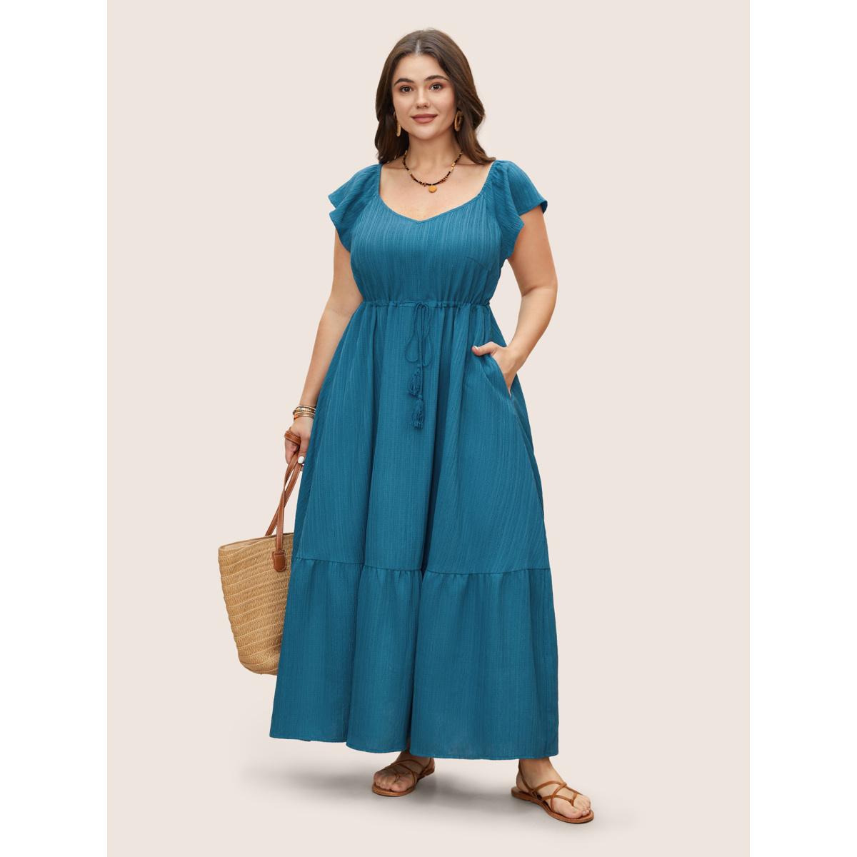 Plus Size Texture Drawstring Tie Knot Tassels Dress Cerulean Women Resort Tie knot V-neck Cap Sleeve Curvy BloomChic 22-24/3X Product Image