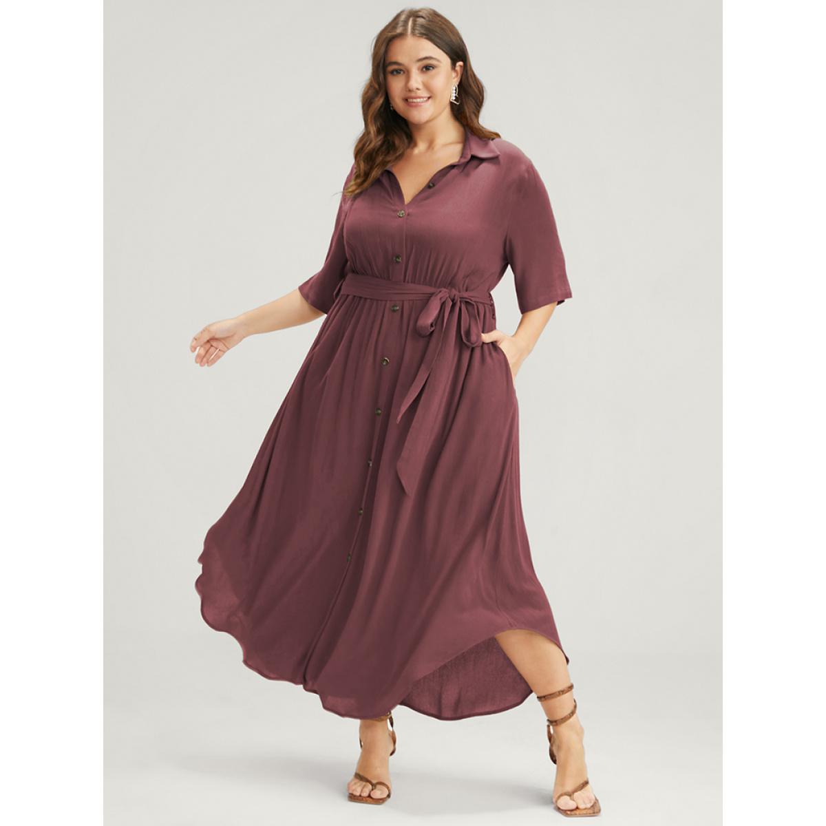 Belted Shirt Collar Button Plus Size Shirtdress Women Workleisure Plain Sleeve Short Sleeve Shirt Collar Pocket Workwear Long Dress BloomChic Product Image