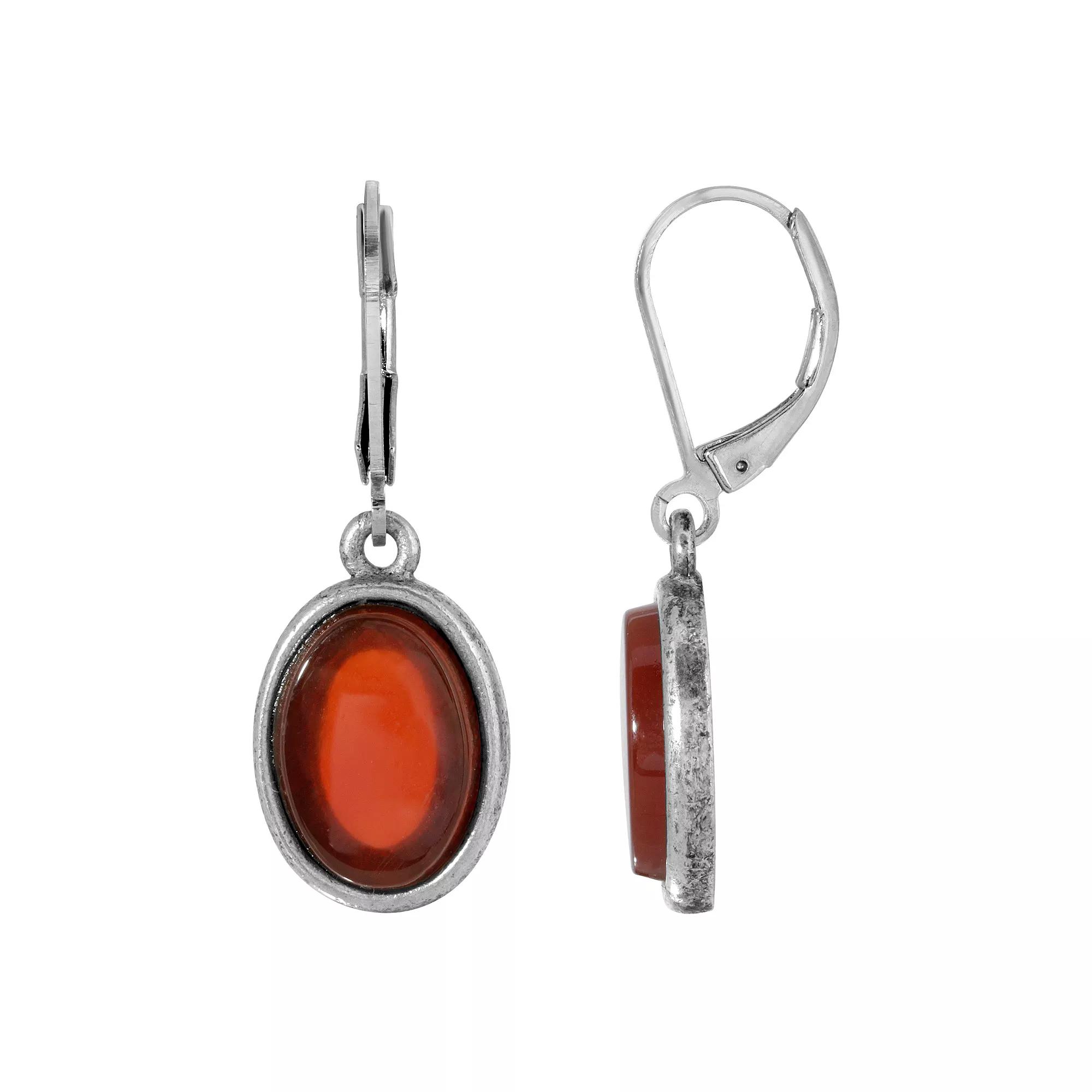 1928 Silver Tone Stone Oval Drop Earrings, Women's, Red Product Image