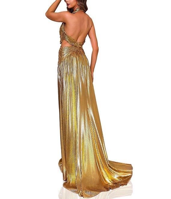 Terani Couture Halter Deep V-Neck Side Cut Out Foiled Chiffon A-Line Gown Product Image