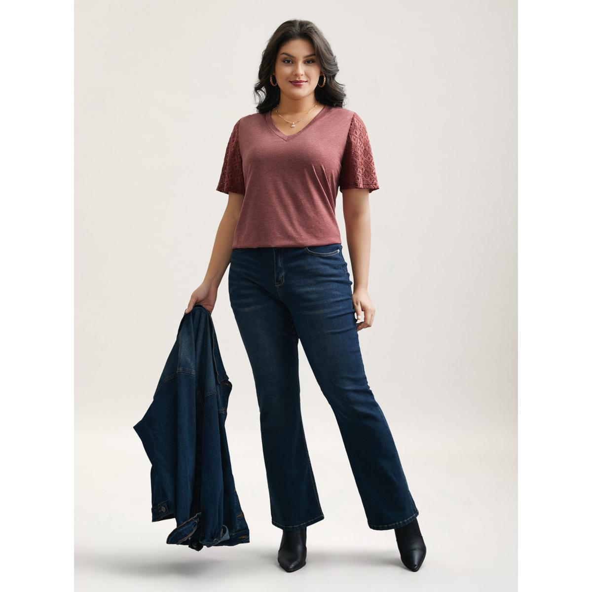 Plus Size Stretchy Flared Lace Sleeves T-Shirt Russet Women Elegant Patchwork V-neck Everyday T-shirts BloomChic 18-20/2X Product Image