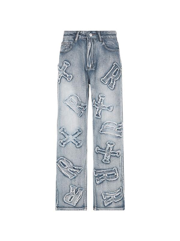 Letter Patch Faded Boyfriend Jeans Product Image