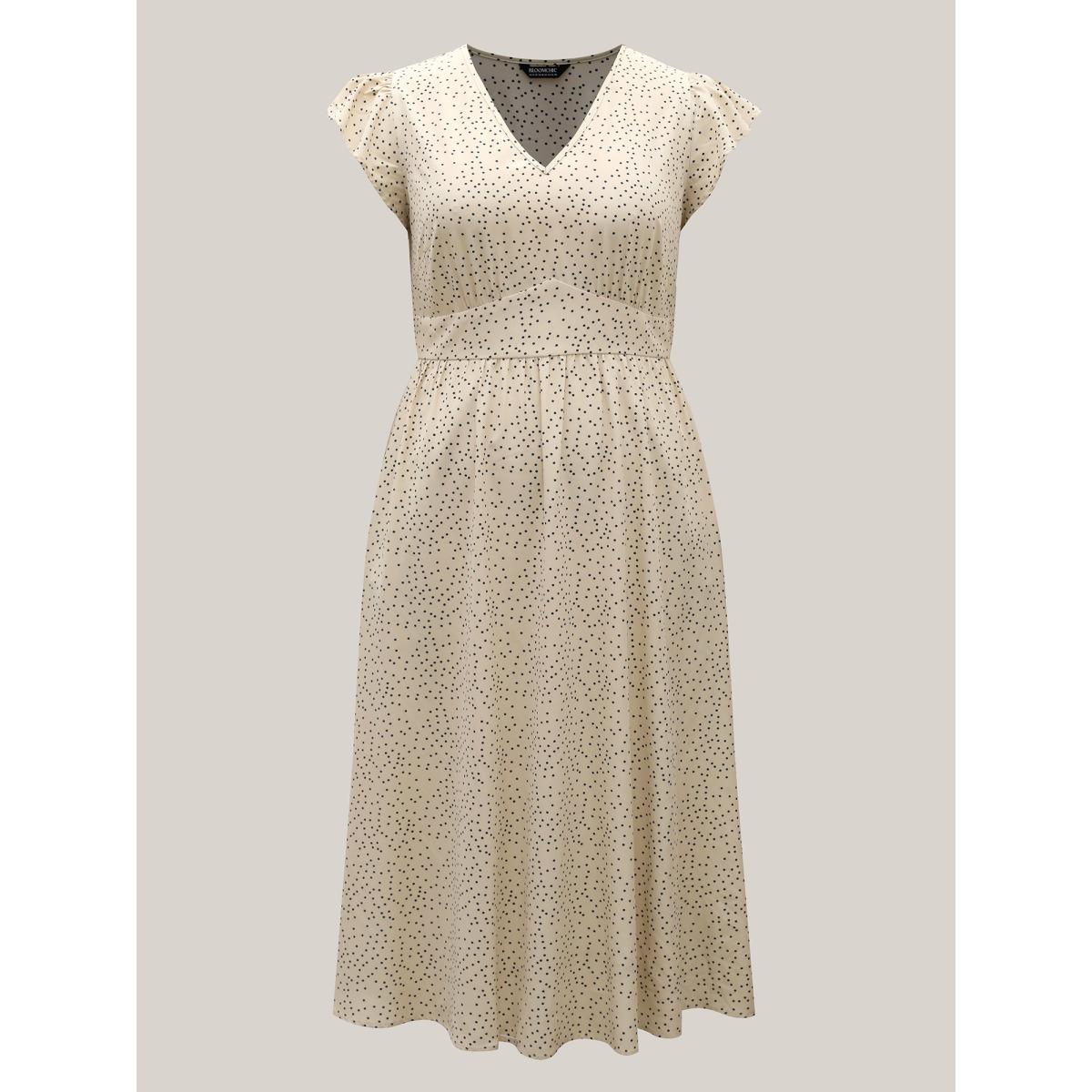 Plus Size Polka Dot Ruffled Bust-Defining Maxi Dress Beige Women At the Office Ruffles V-neck Cap Sleeve Curvy BloomChic 12/L Product Image