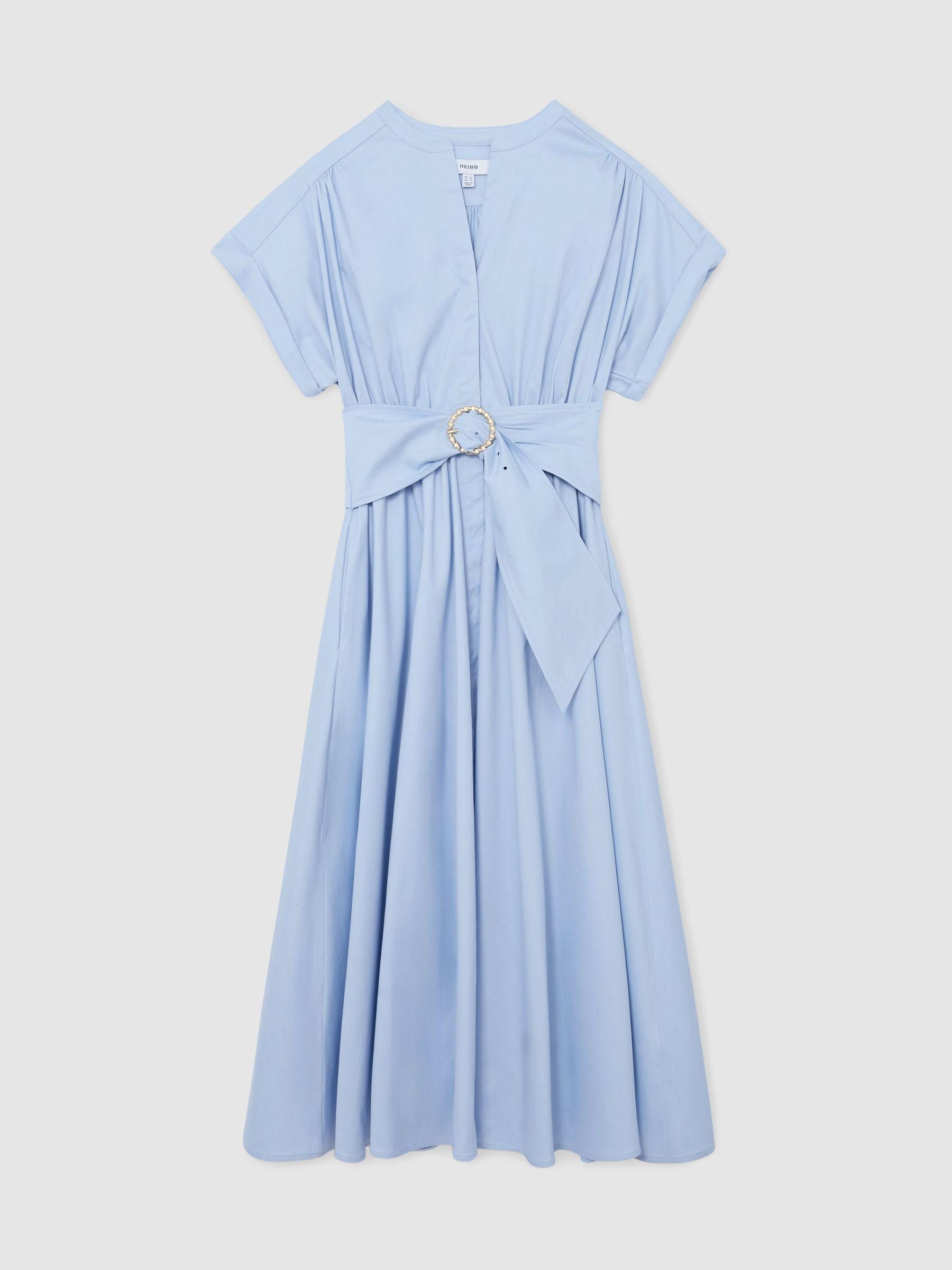 Petite Cotton Short-Sleeve Belted Midi Dress with Stretch in Blue Product Image