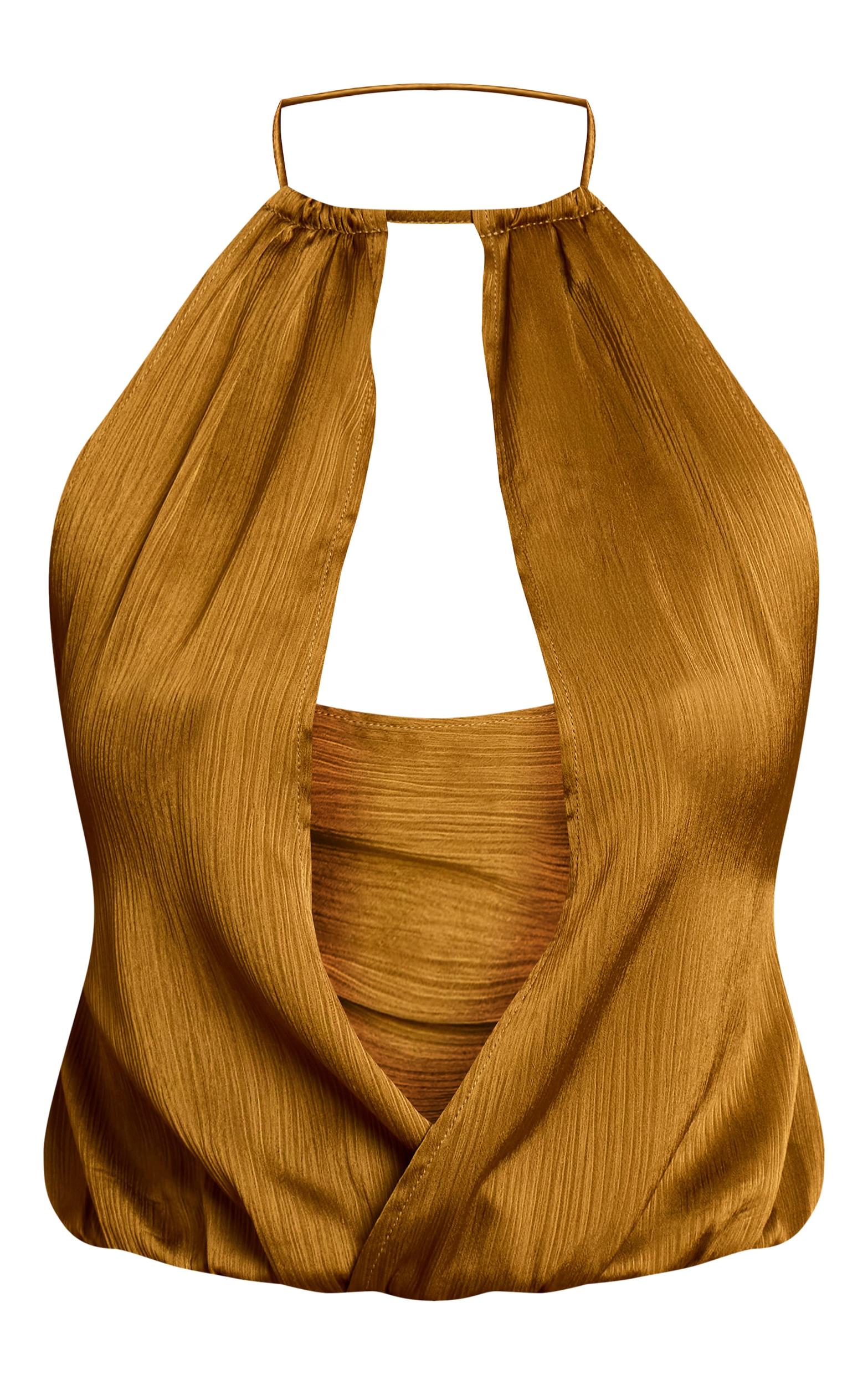 Dark Chartreuse Crinkle Satin High Neck Plunge Cowl Sleeveless Top Product Image