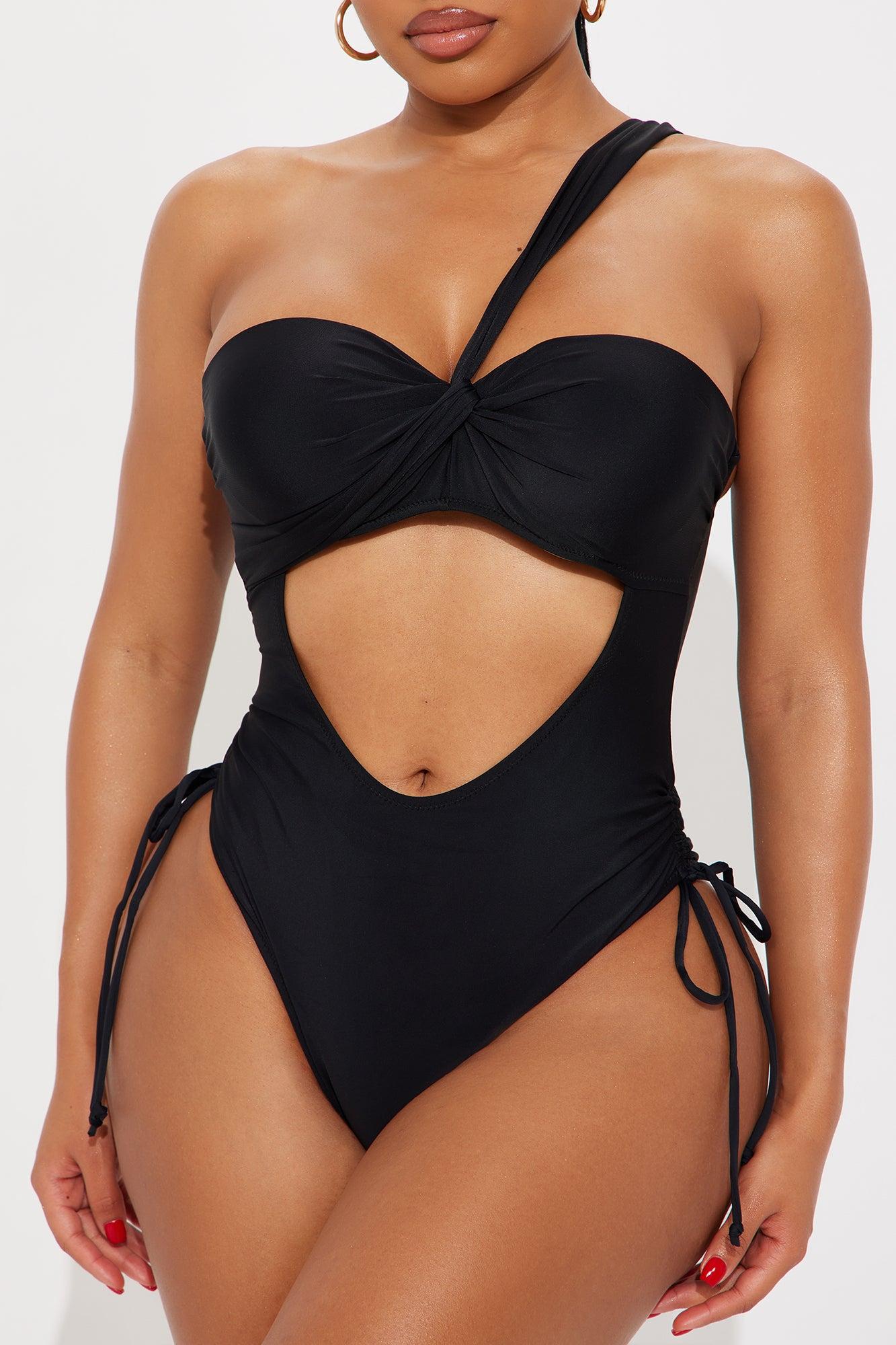 Cabana Beach One Shoulder Cutout Ruched 1 Piece Swimsuit - Black Product Image