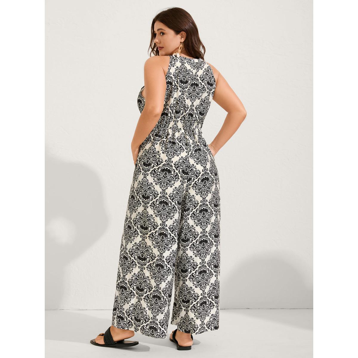 Plus Size Black Keyhole Neck Damask Wide-Leg Jumpsuit Women Sleeveless Round Neck Vacation Loose Jumpsuits BloomChic 30/6X Product Image