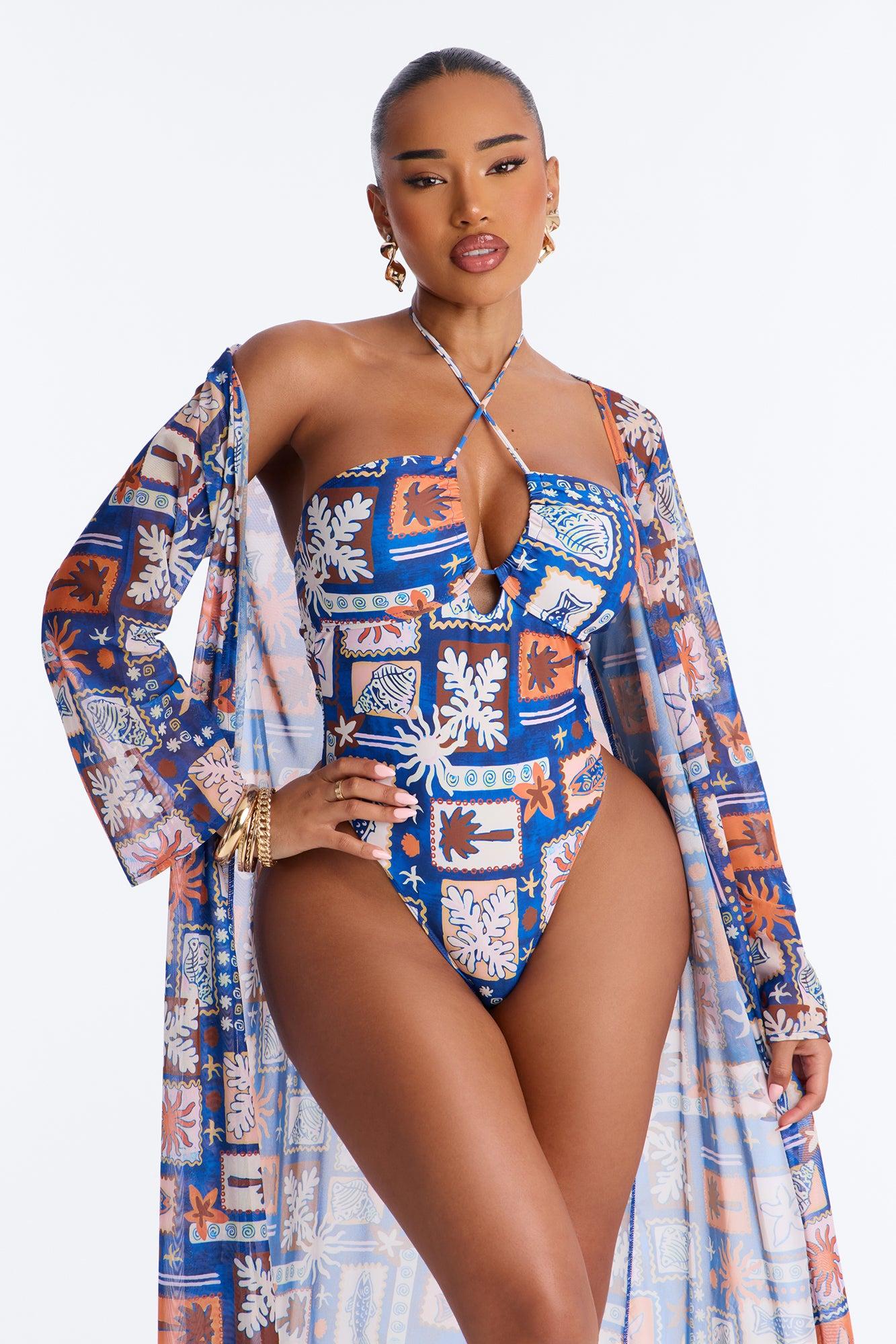 Monique Geometric Criss Cross Halter 2 Piece Bikini Kimono Set - Blue/combo Female Product Image