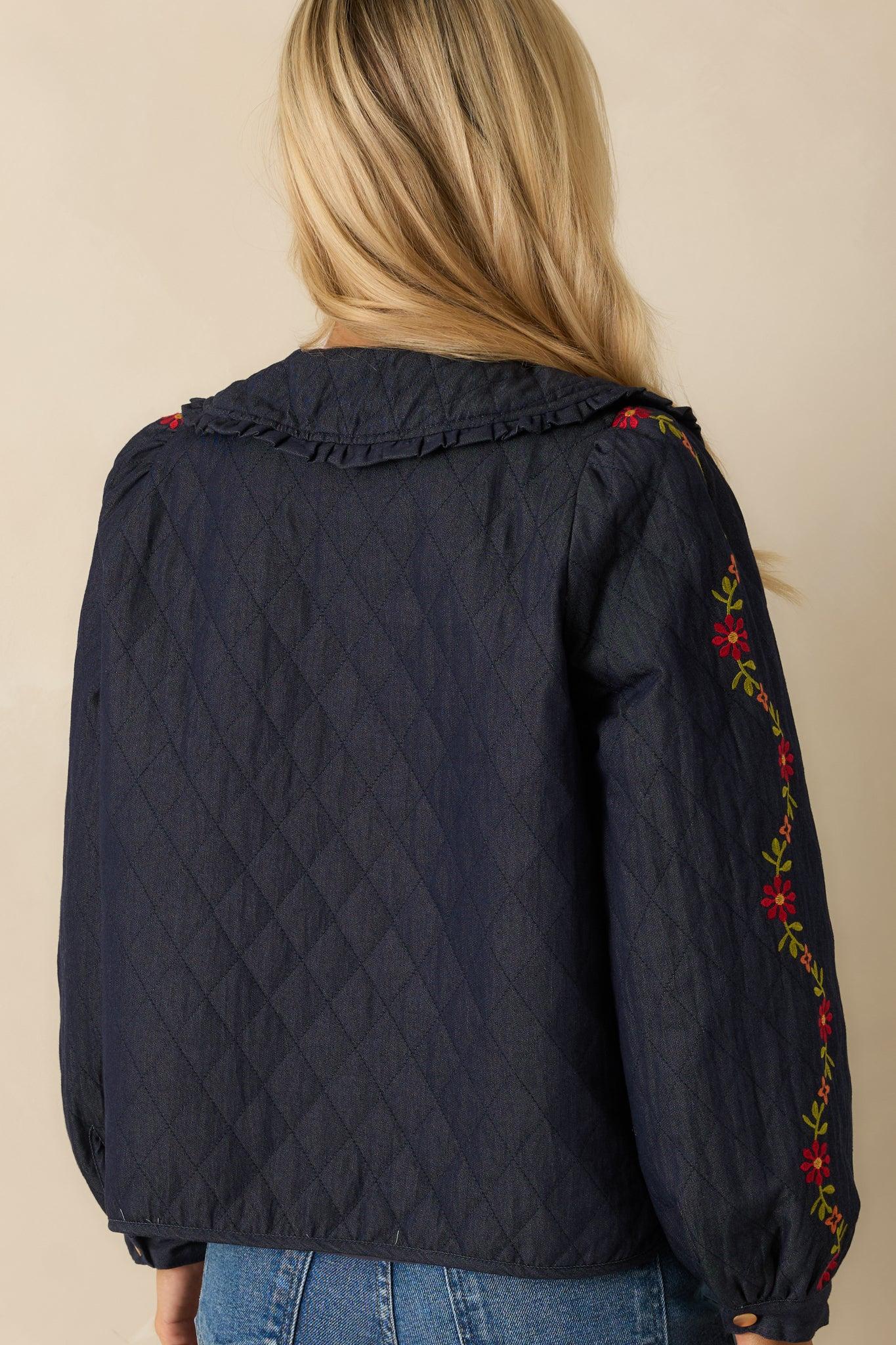 Wildflower Trails Dark Indigo Denim Quilted Embroidered Button Up Jacket Product Image