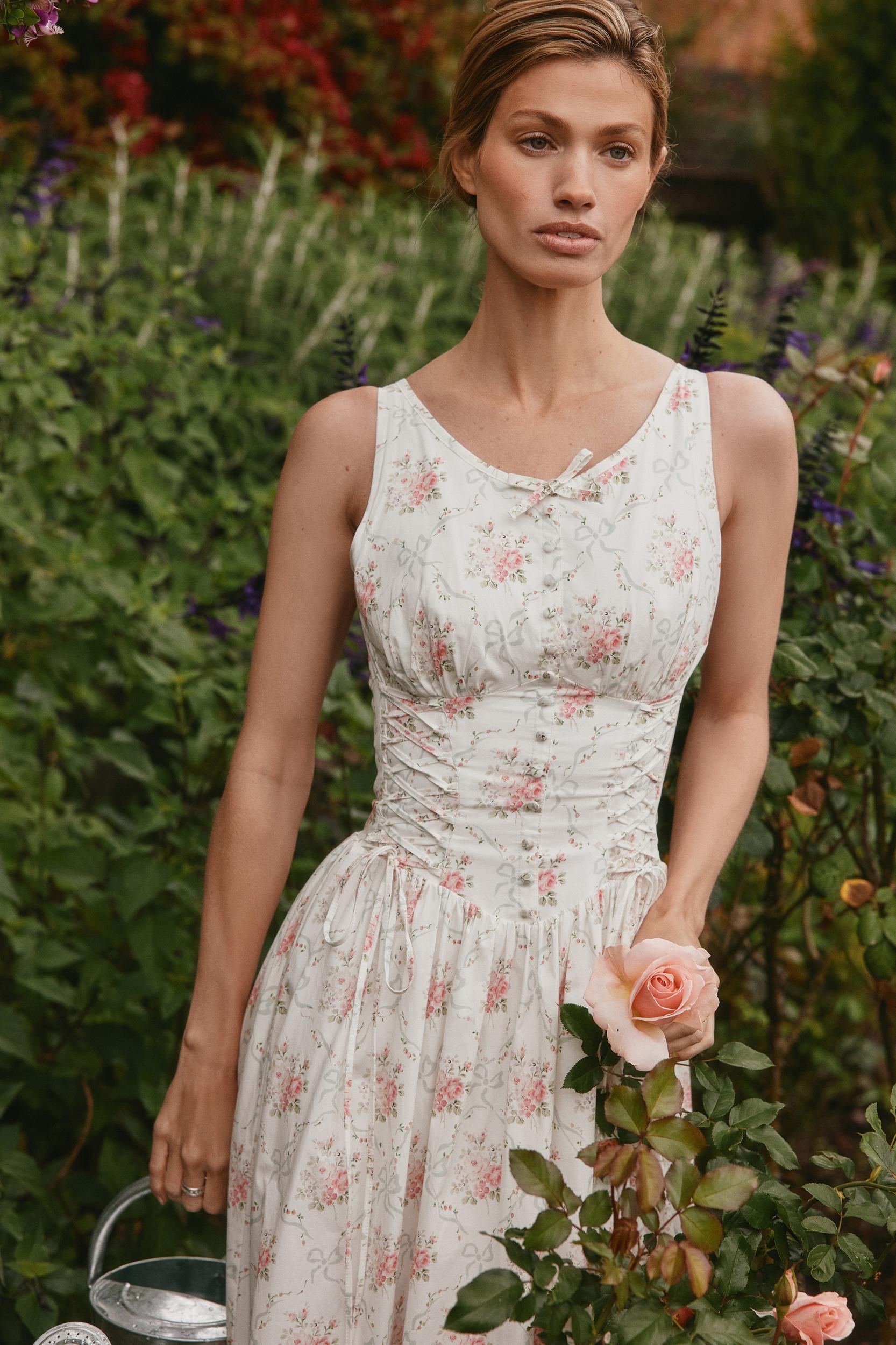 Sienna  rose print stretch cotton lace up midi dress Product Image