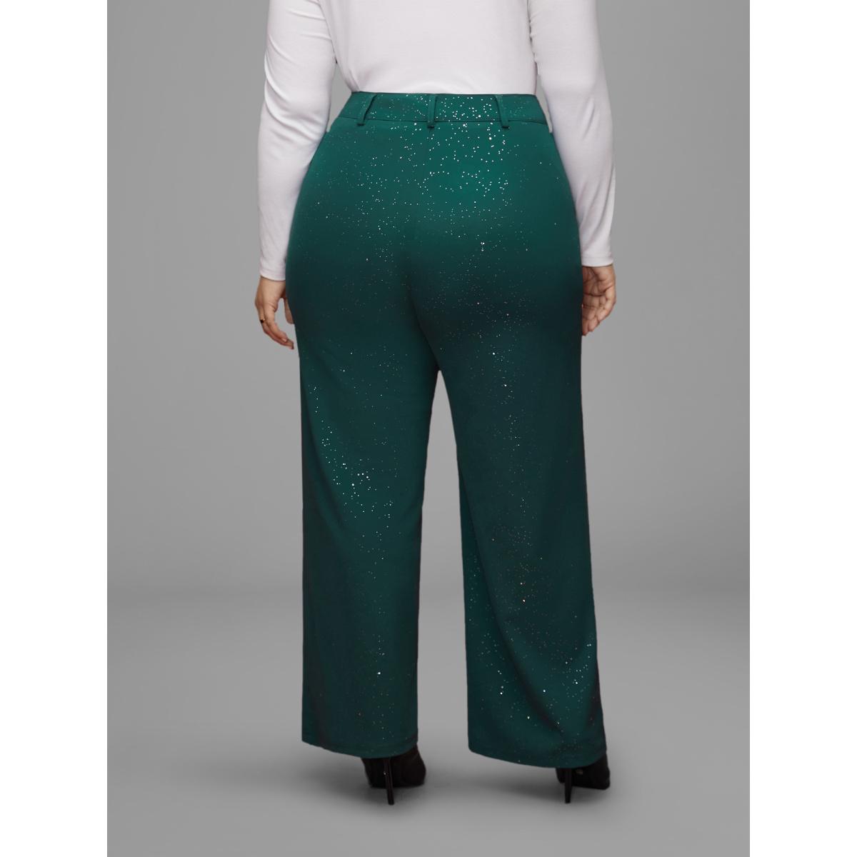 Plus Size Sparkle Knit Wide-Leg Pants Women DarkGreen Formal Loose Mid Rise Party Pants BloomChic 28/5X Product Image